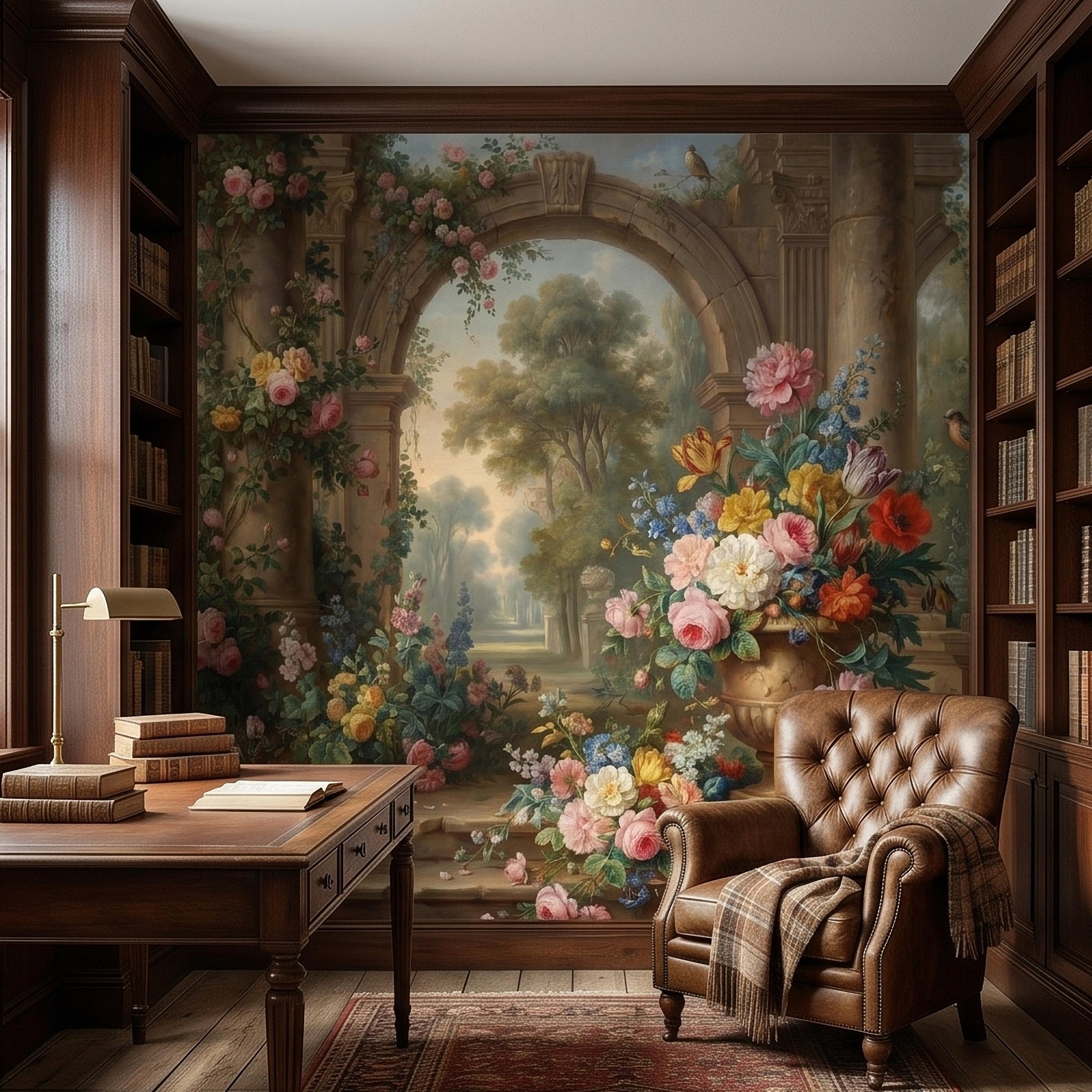Vintage Floral Garden Peel and Stick Wall Mural, Romantic Stone Archway Roses Peonies and Birds, Classic European Landscape Wallpaper