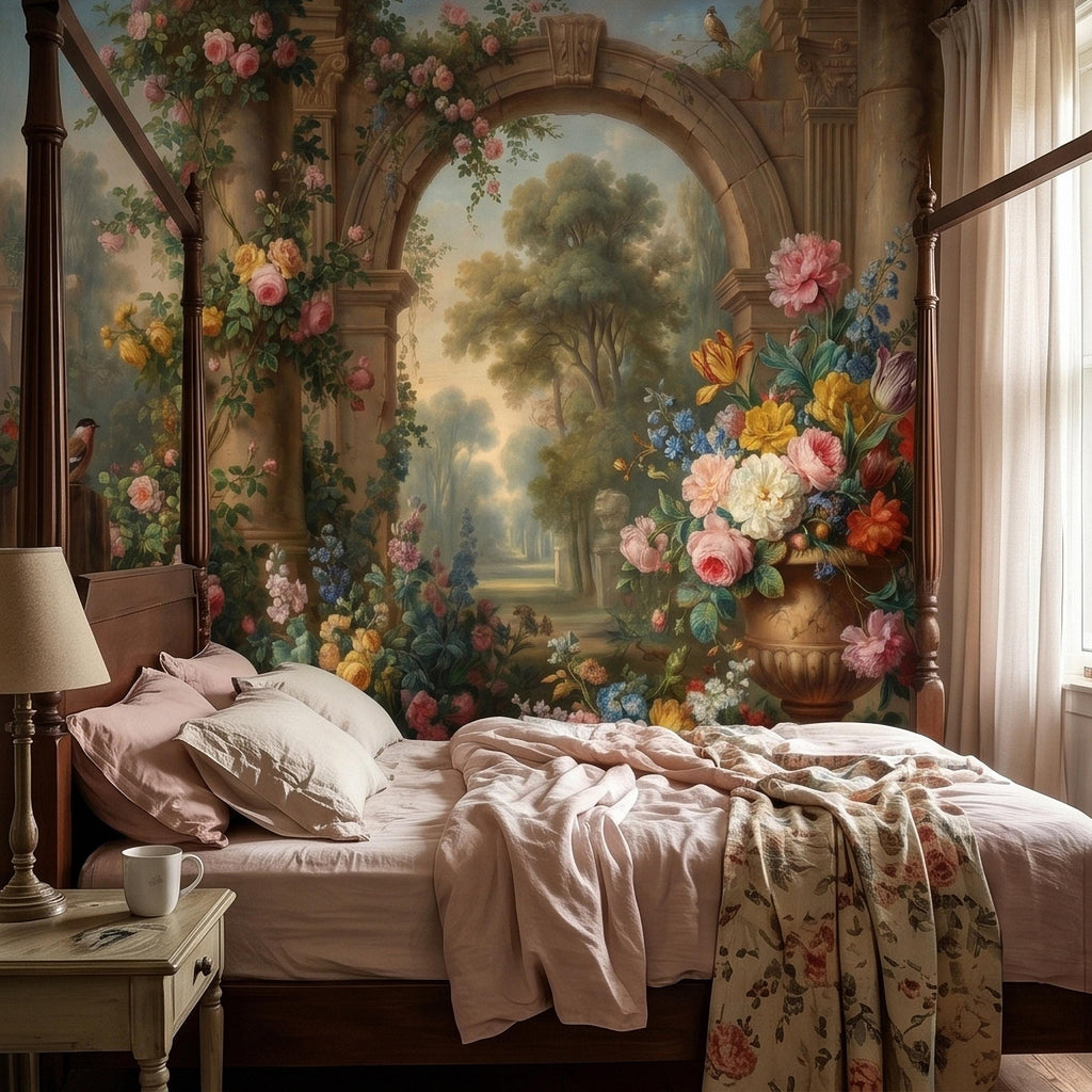 Vintage Floral Garden Peel and Stick Wall Mural, Romantic Stone Archway Roses Peonies and Birds, Classic European Landscape Wallpaper