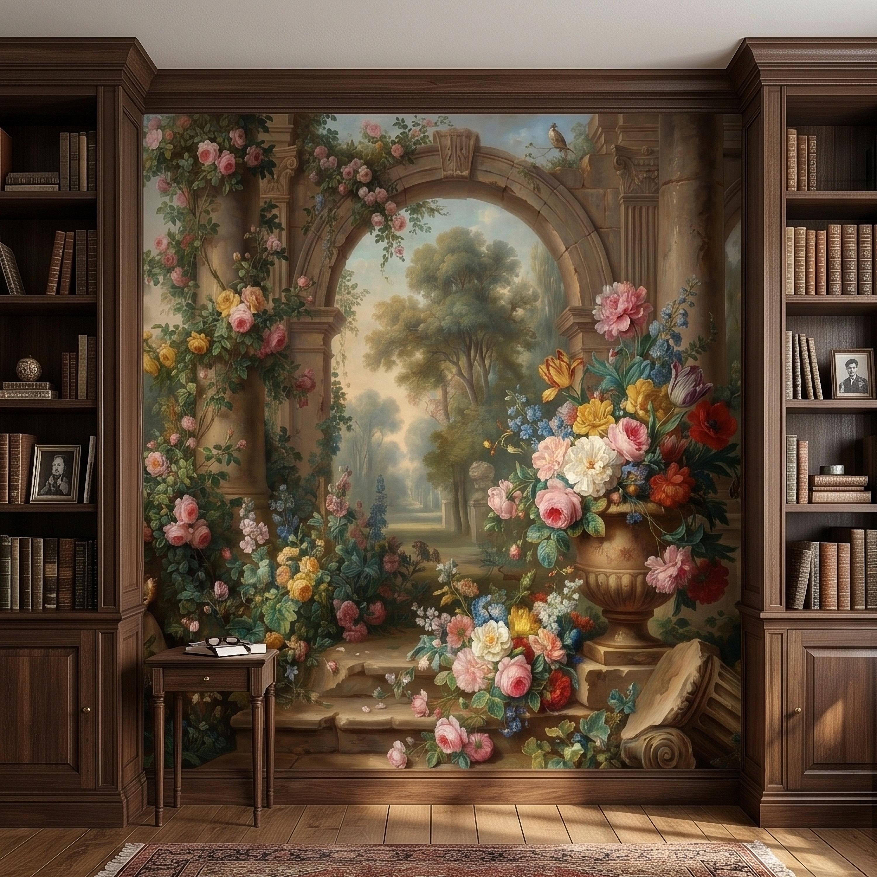 Vintage Floral Garden Peel and Stick Wall Mural, Romantic Stone Archway Roses Peonies and Birds, Classic European Landscape Wallpaper