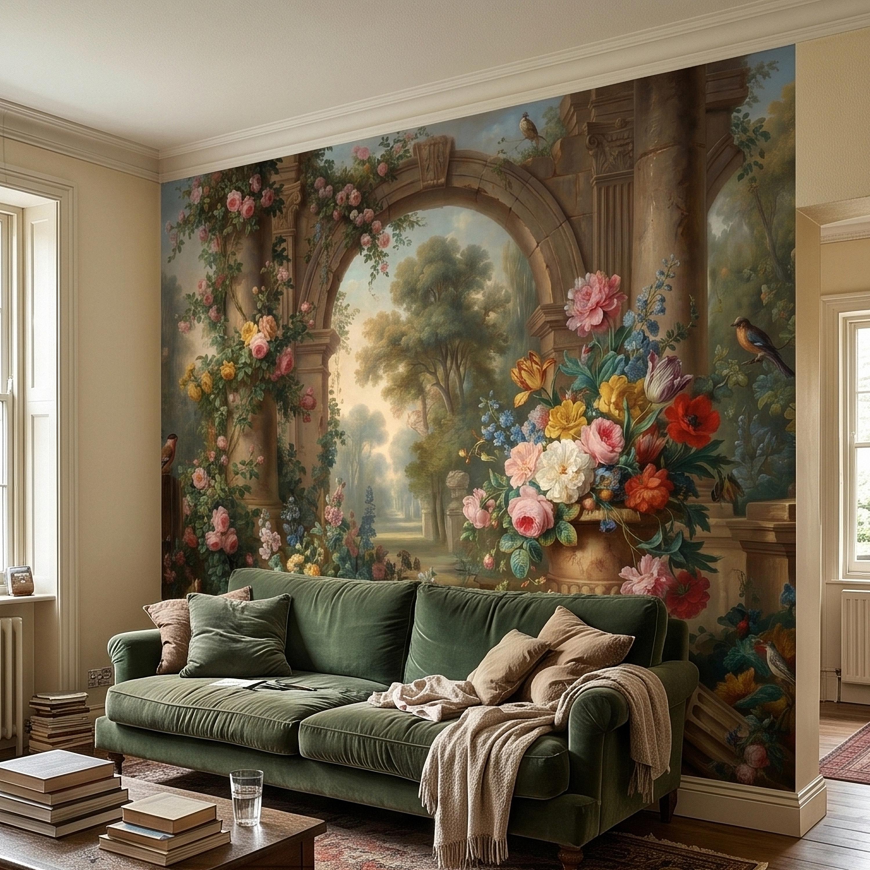 Vintage Floral Garden Peel and Stick Wall Mural, Romantic Stone Archway Roses Peonies and Birds, Classic European Landscape Wallpaper