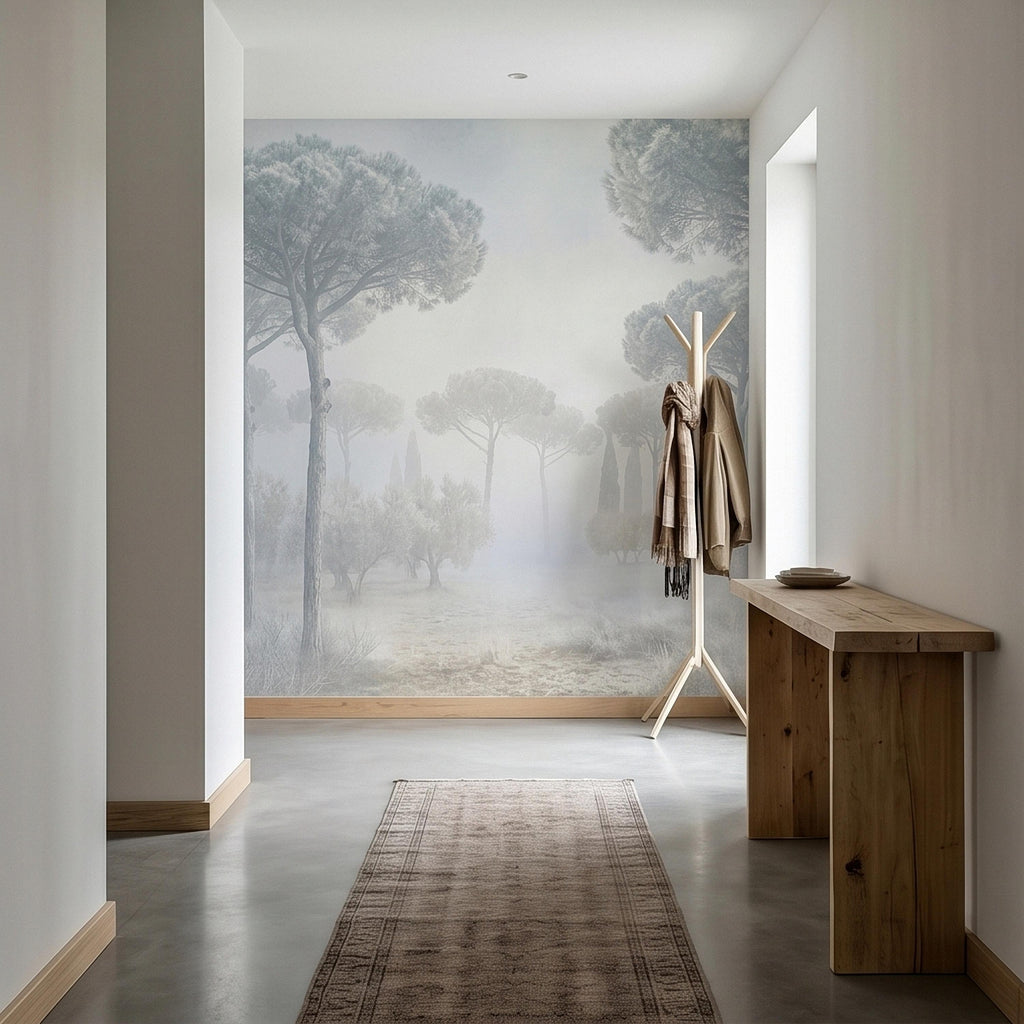 Misty Umbrella Pines Peel and Stick Wall Mural, Blue Gray Hazy Winter Fog Italian Tuscan Landscape with Cypress Trees Soft Neutral Wallpaper