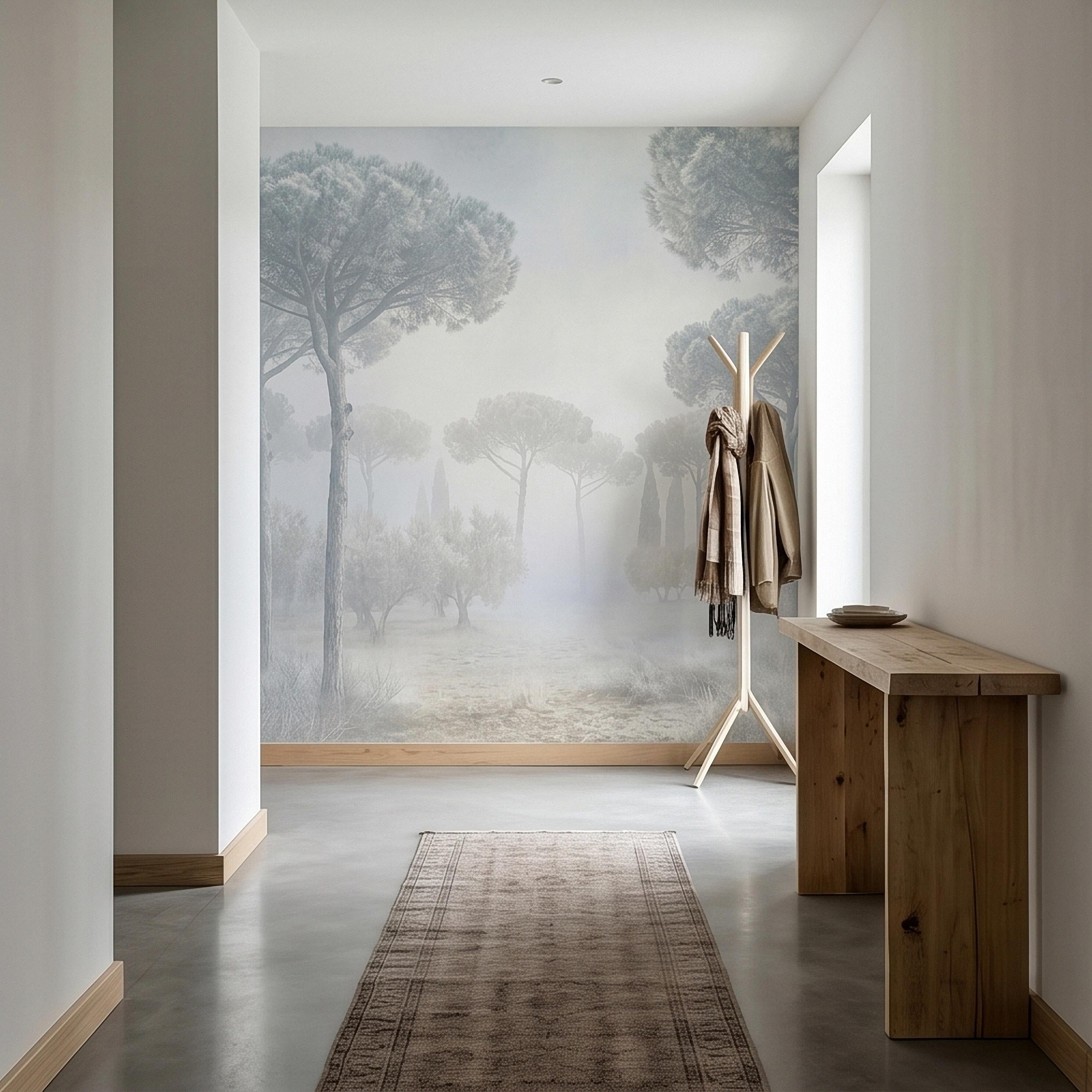 Misty Umbrella Pines Peel and Stick Wall Mural, Blue Gray Hazy Winter Fog Italian Tuscan Landscape with Cypress Trees Soft Neutral Wallpaper
