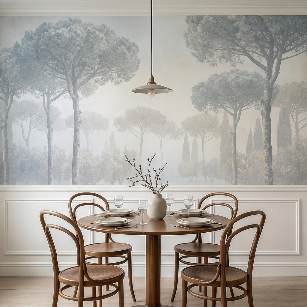 Misty Umbrella Pines Peel and Stick Wall Mural, Blue Gray Hazy Winter Fog Italian Tuscan Landscape with Cypress Trees Soft Neutral Wallpaper