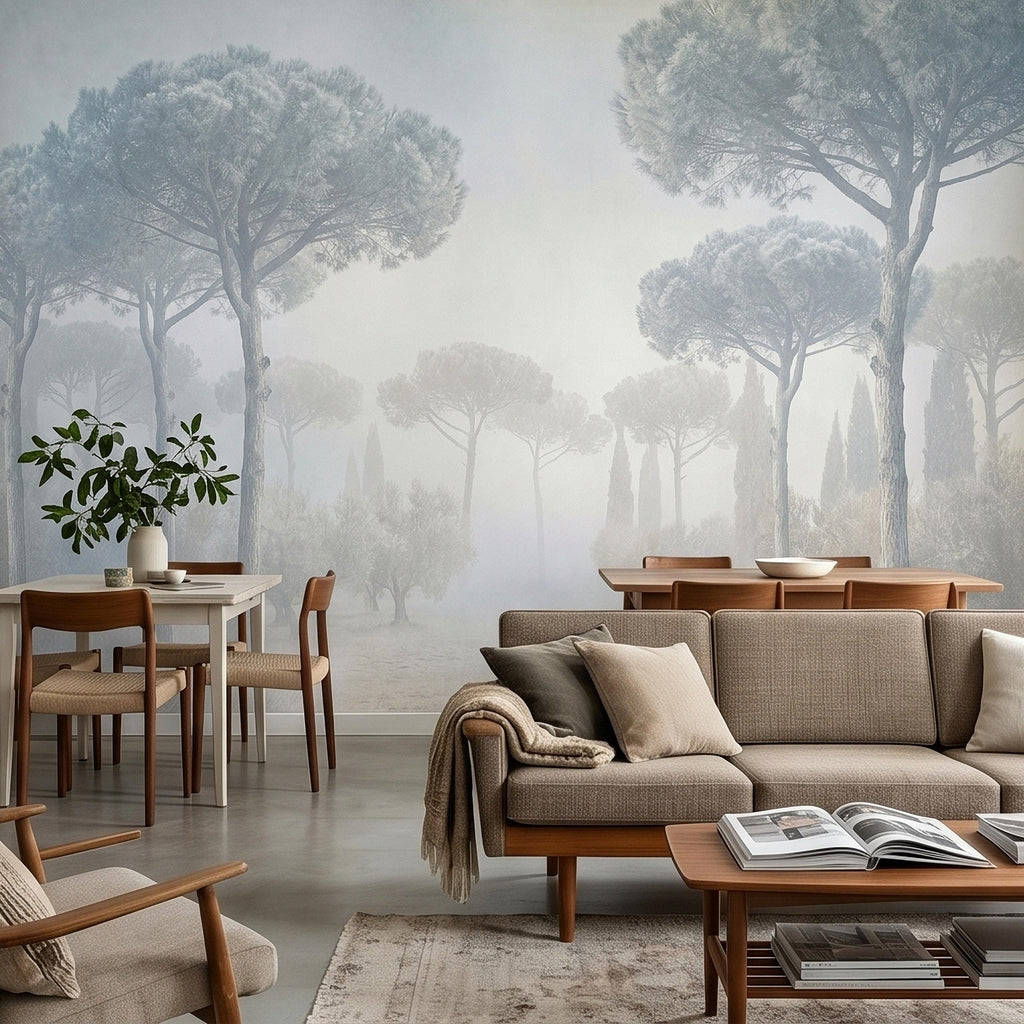 Misty Umbrella Pines Peel and Stick Wall Mural, Blue Gray Hazy Winter Fog Italian Tuscan Landscape with Cypress Trees Soft Neutral Wallpaper