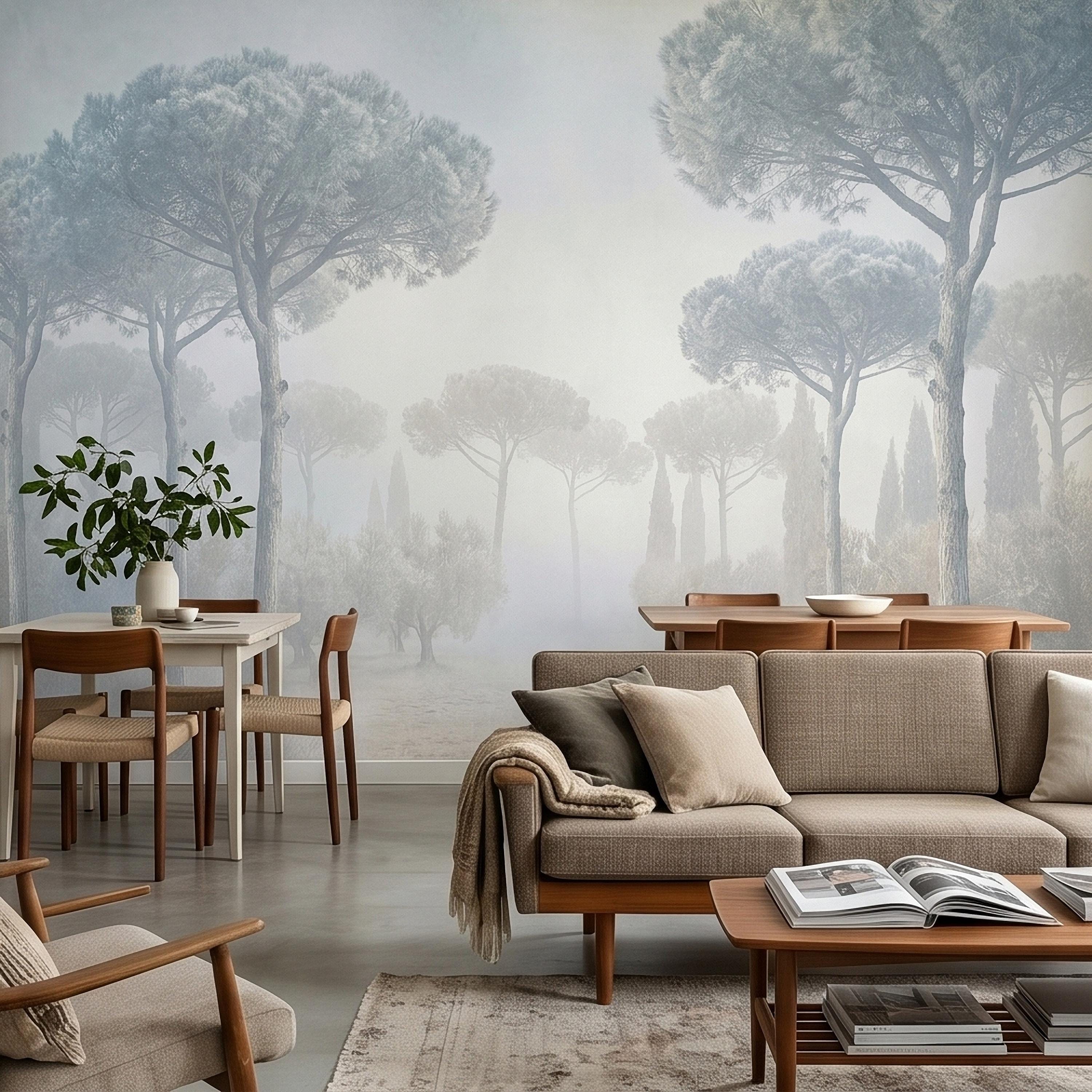 Misty Umbrella Pines Peel and Stick Wall Mural, Blue Gray Hazy Winter Fog Italian Tuscan Landscape with Cypress Trees Soft Neutral Wallpaper