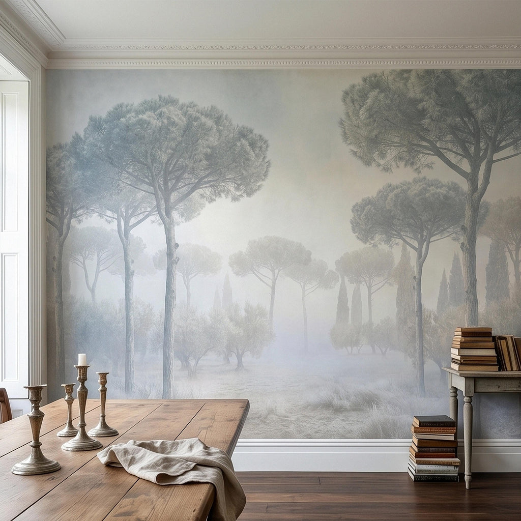 Misty Umbrella Pines Peel and Stick Wall Mural, Blue Gray Hazy Winter Fog Italian Tuscan Landscape with Cypress Trees Soft Neutral Wallpaper
