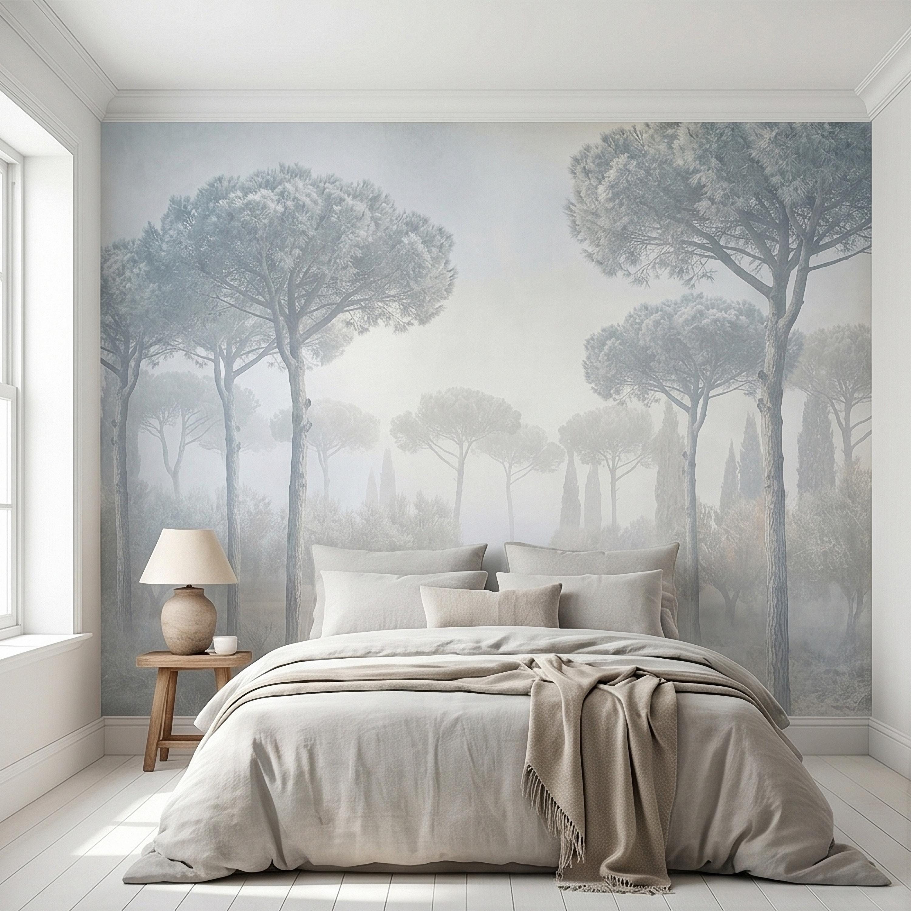 Misty Umbrella Pines Peel and Stick Wall Mural, Blue Gray Hazy Winter Fog Italian Tuscan Landscape with Cypress Trees Soft Neutral Wallpaper