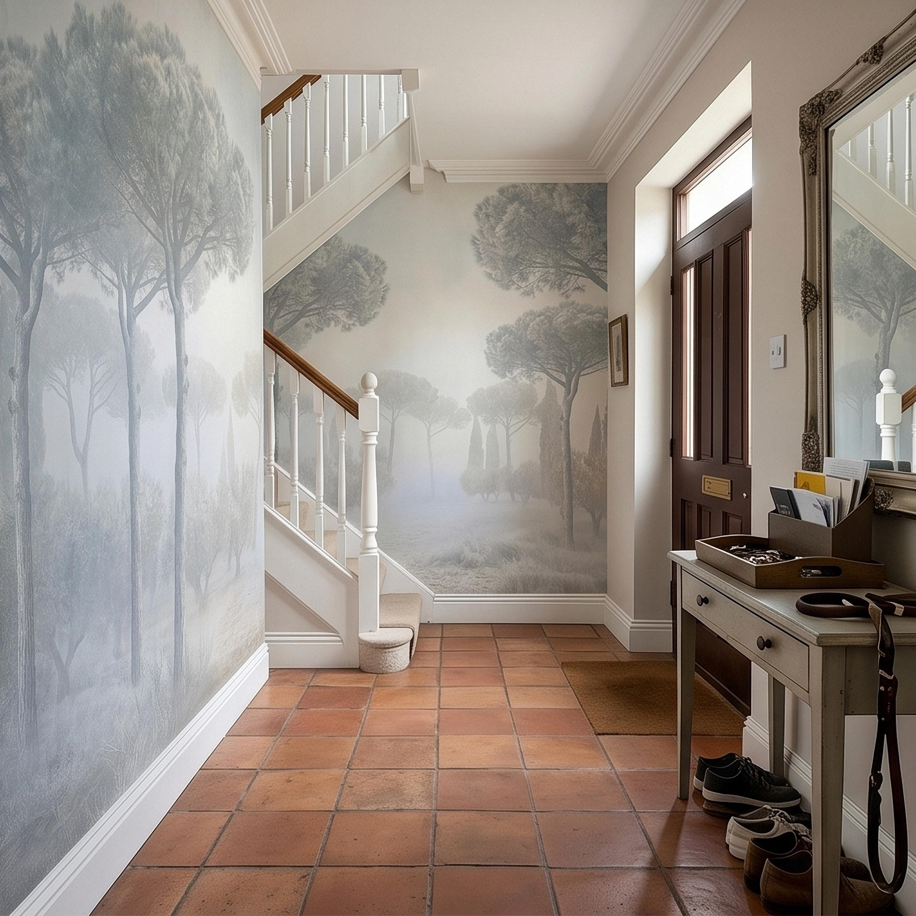 Misty Umbrella Pines Peel and Stick Wall Mural, Blue Gray Hazy Winter Fog Italian Tuscan Landscape with Cypress Trees Soft Neutral Wallpaper