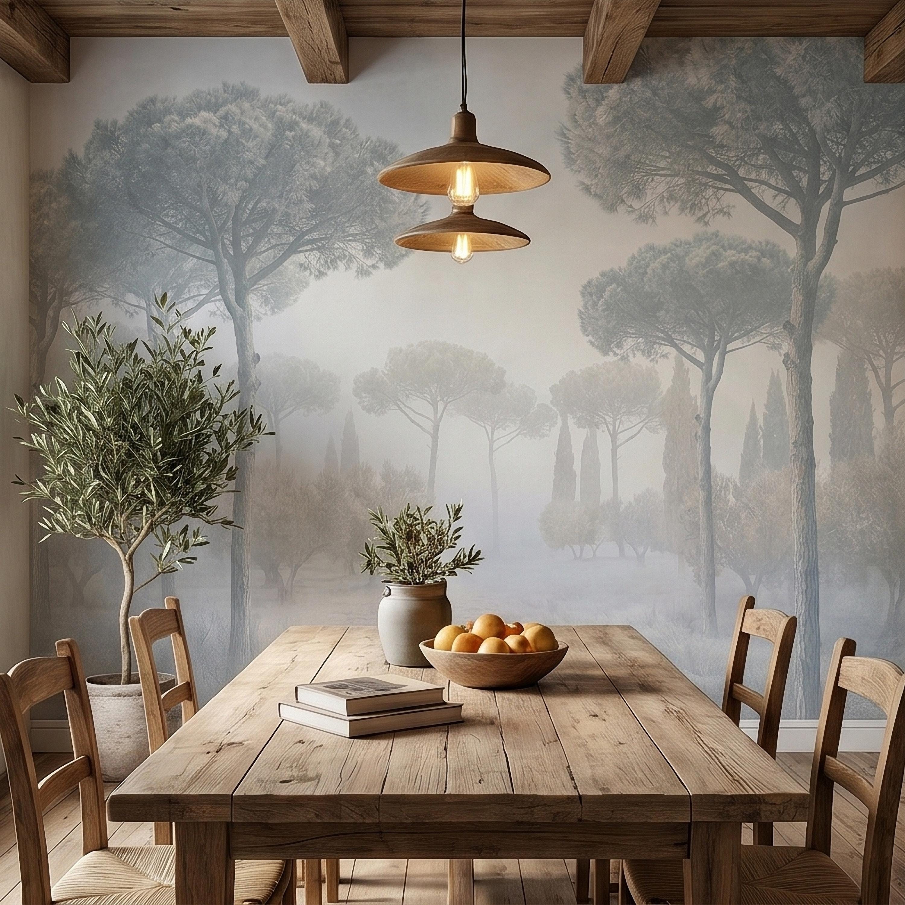 Misty Umbrella Pines Peel and Stick Wall Mural, Blue Gray Hazy Winter Fog Italian Tuscan Landscape with Cypress Trees Soft Neutral Wallpaper