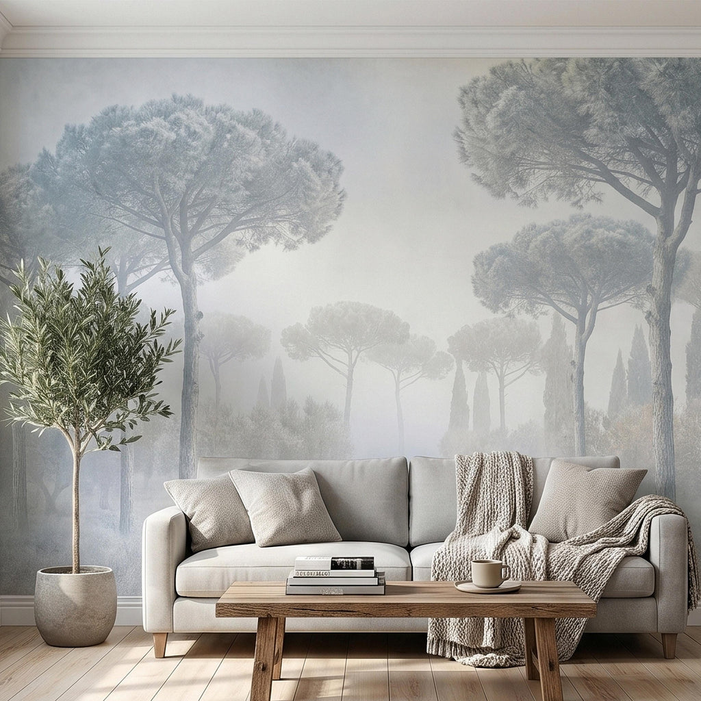Misty Umbrella Pines Peel and Stick Wall Mural, Blue Gray Hazy Winter Fog Italian Tuscan Landscape with Cypress Trees Soft Neutral Wallpaper