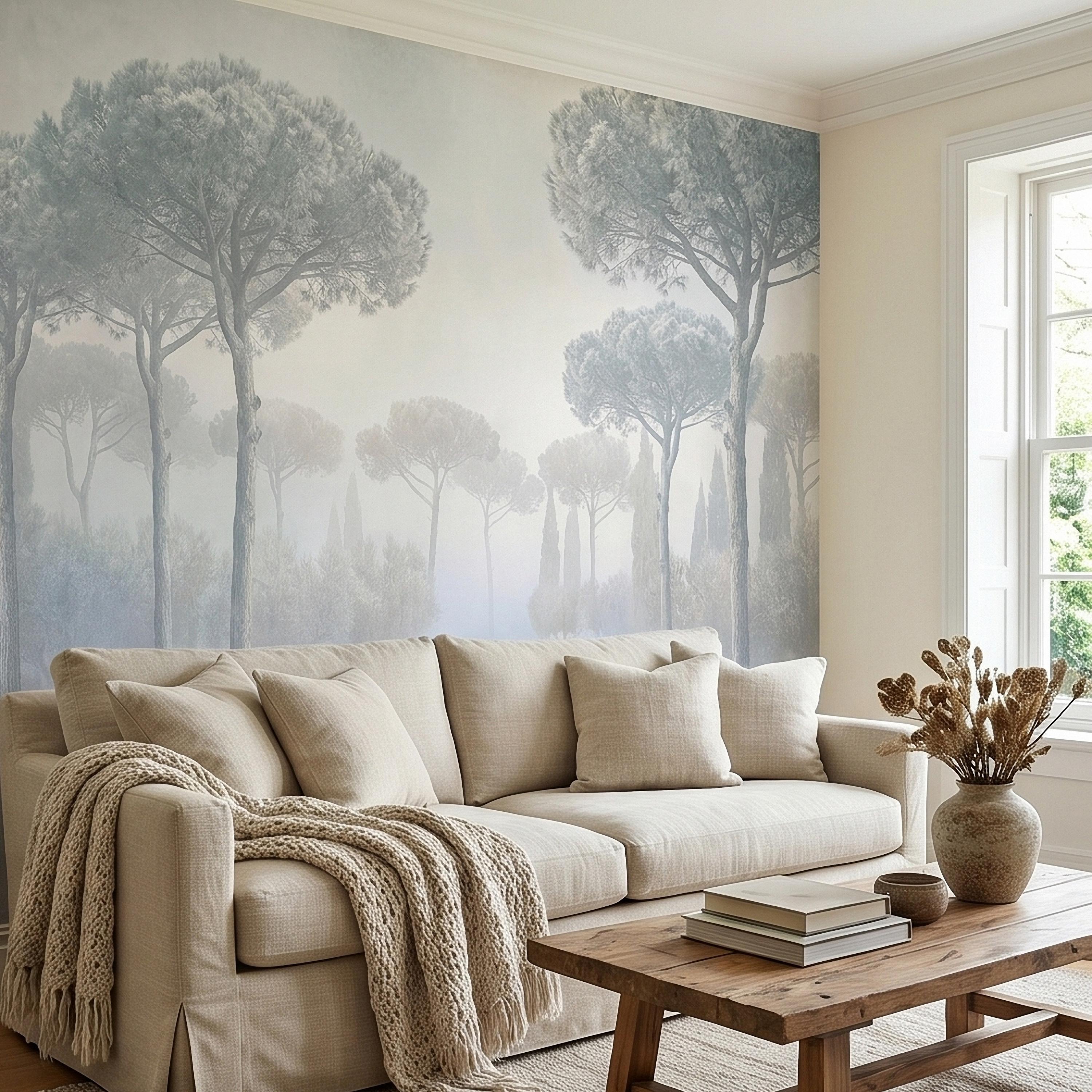 Misty Umbrella Pines Peel and Stick Wall Mural, Blue Gray Hazy Winter Fog Italian Tuscan Landscape with Cypress Trees Soft Neutral Wallpaper