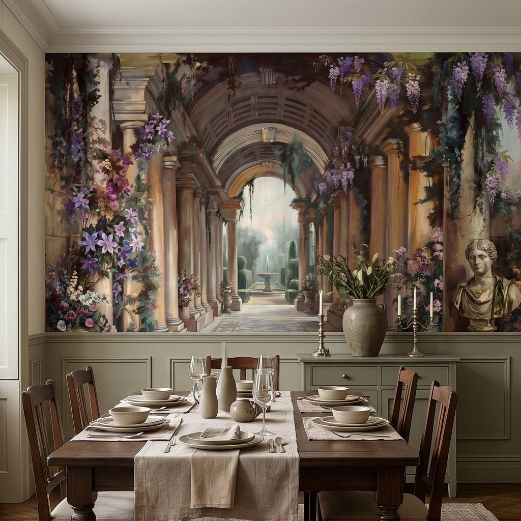 Romantic Garden Colonnade Peel and Stick Wall Mural, Vintage Wisteria Archway with Classical Statues, Fountain Floral Courtyard Wallpaper
