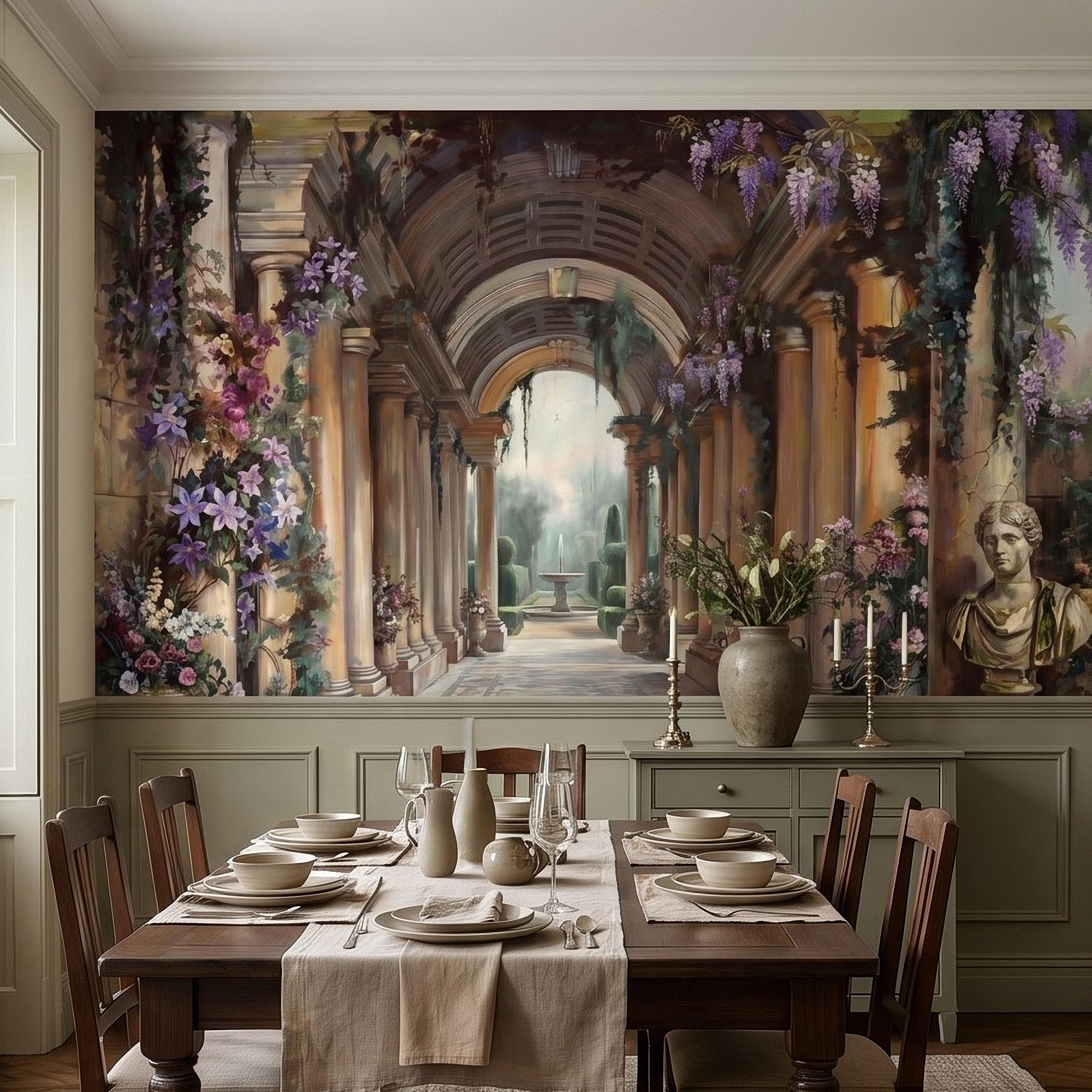 Romantic Garden Colonnade Peel and Stick Wall Mural, Vintage Wisteria Archway with Classical Statues, Fountain Floral Courtyard Wallpaper
