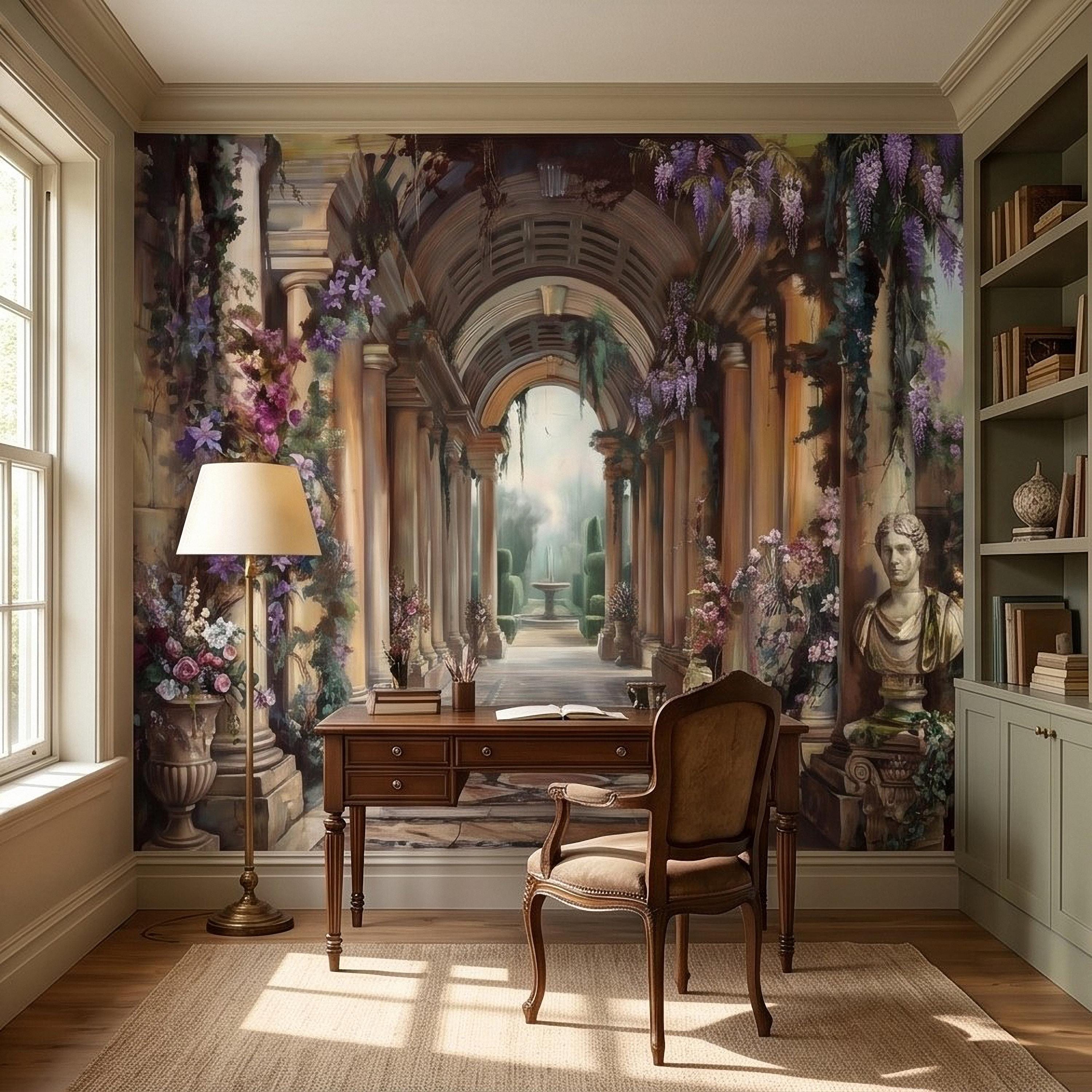 Romantic Garden Colonnade Peel and Stick Wall Mural, Vintage Wisteria Archway with Classical Statues, Fountain Floral Courtyard Wallpaper