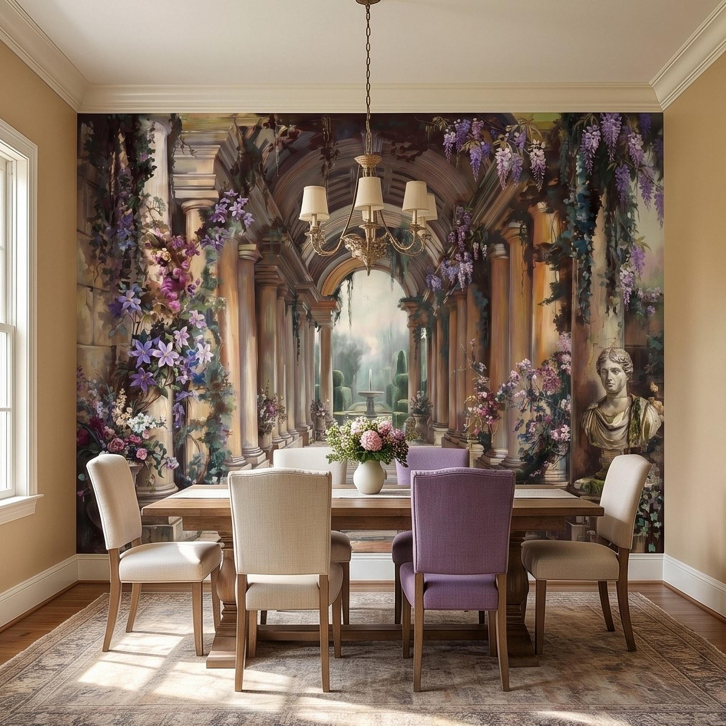 Romantic Garden Colonnade Peel and Stick Wall Mural, Vintage Wisteria Archway with Classical Statues, Fountain Floral Courtyard Wallpaper