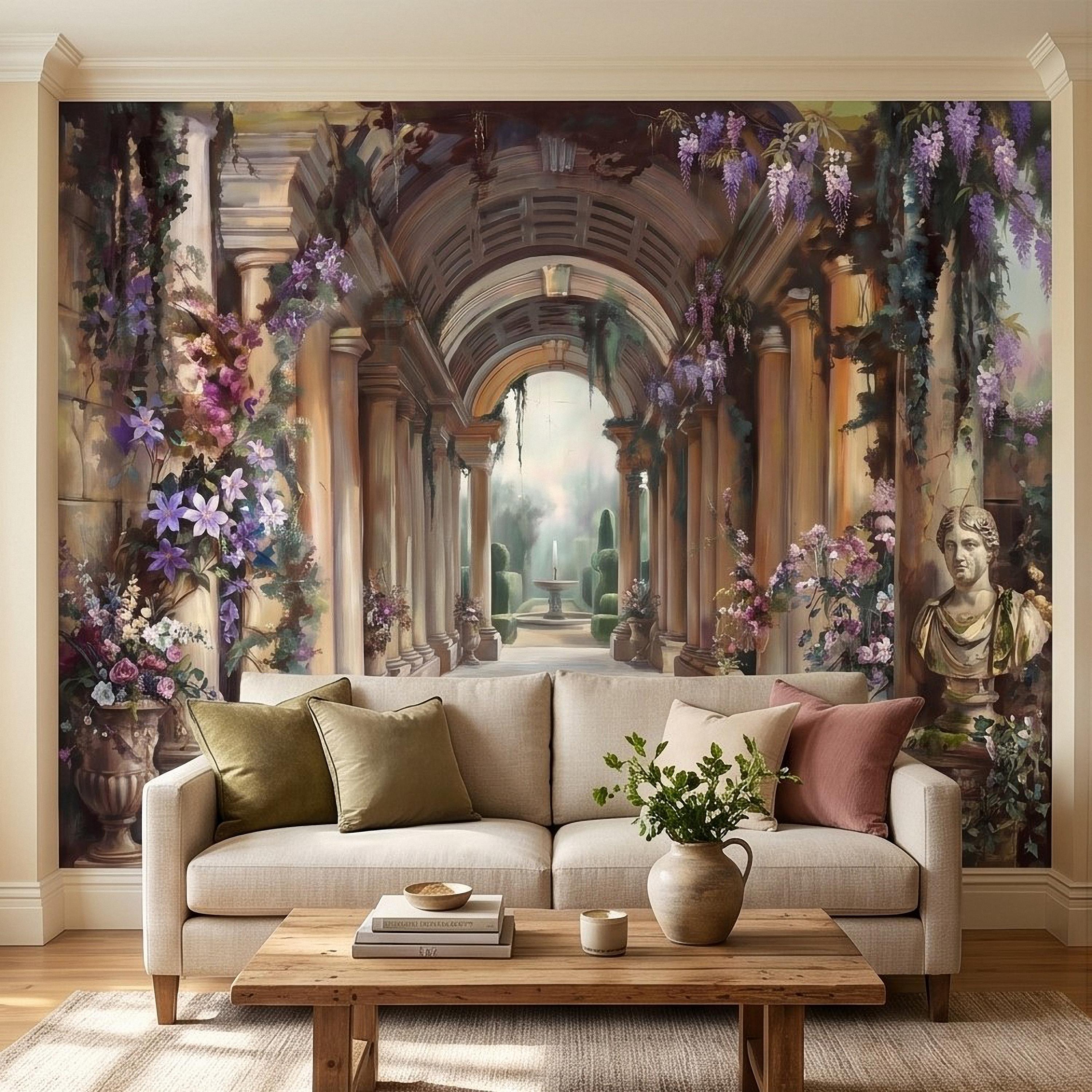 Romantic Garden Colonnade Peel and Stick Wall Mural, Vintage Wisteria Archway with Classical Statues, Fountain Floral Courtyard Wallpaper