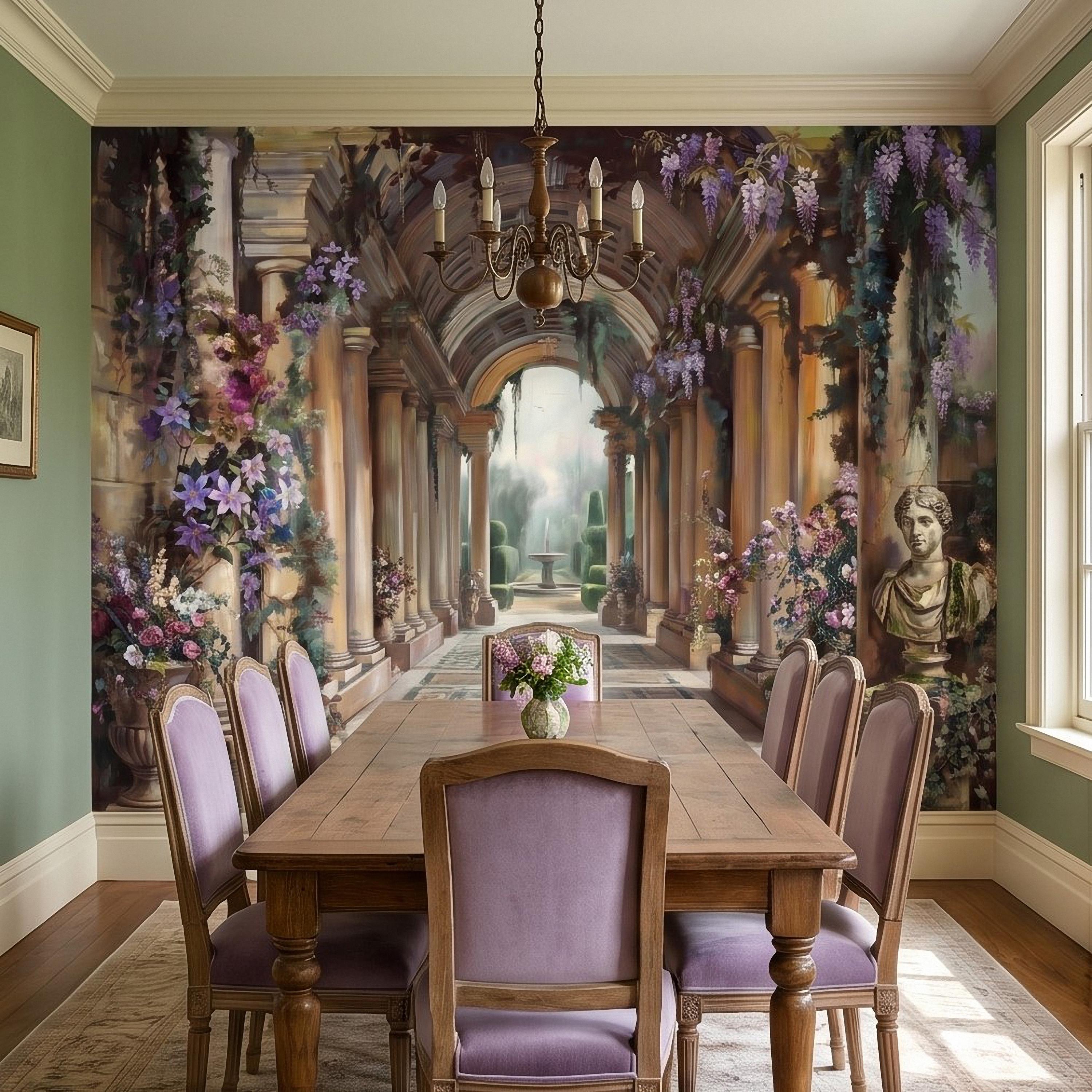 Romantic Garden Colonnade Peel and Stick Wall Mural, Vintage Wisteria Archway with Classical Statues, Fountain Floral Courtyard Wallpaper