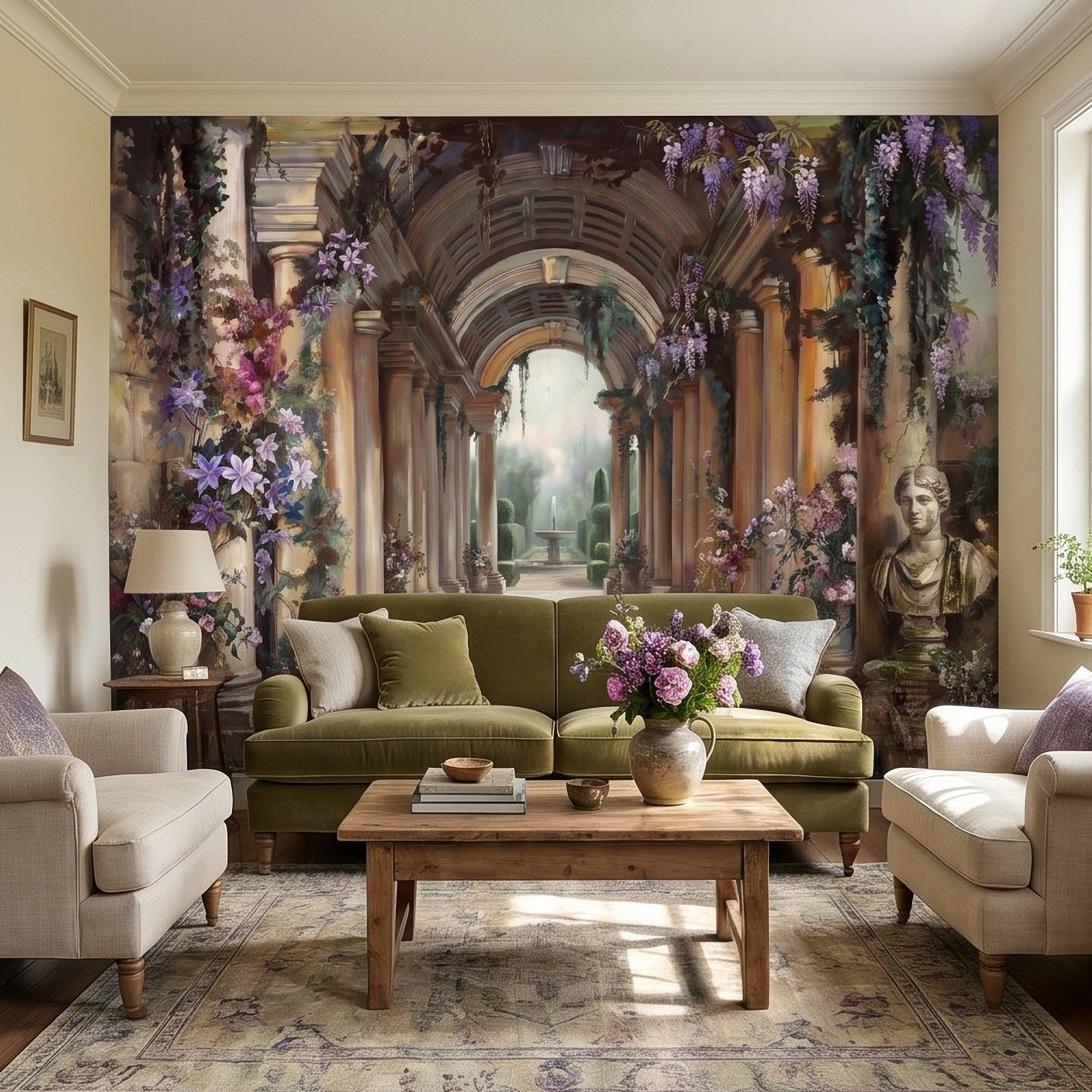 Romantic Garden Colonnade Peel and Stick Wall Mural, Vintage Wisteria Archway with Classical Statues, Fountain Floral Courtyard Wallpaper