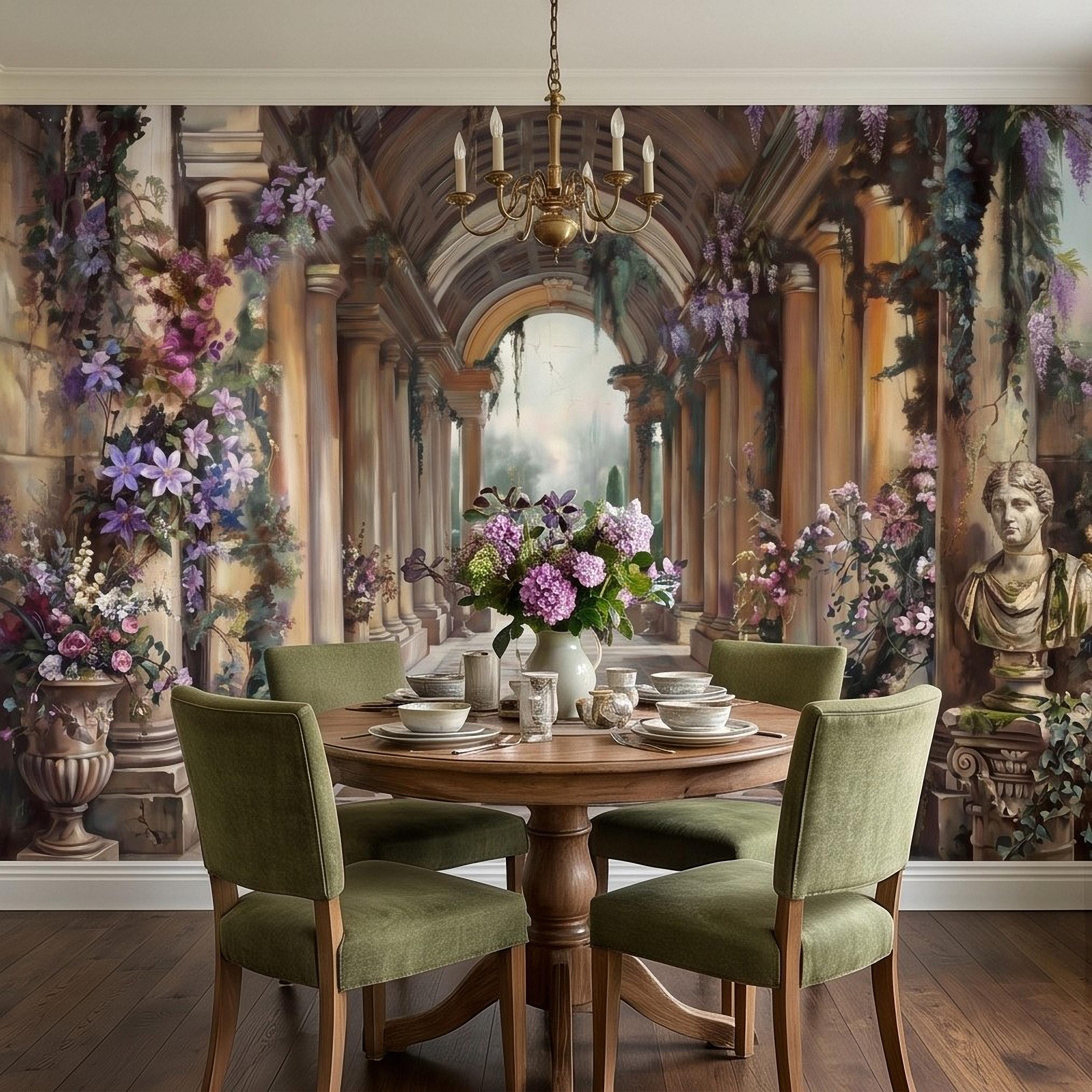 Romantic Garden Colonnade Peel and Stick Wall Mural, Vintage Wisteria Archway with Classical Statues, Fountain Floral Courtyard Wallpaper
