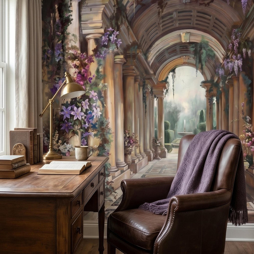 Romantic Garden Colonnade Peel and Stick Wall Mural, Vintage Wisteria Archway with Classical Statues, Fountain Floral Courtyard Wallpaper