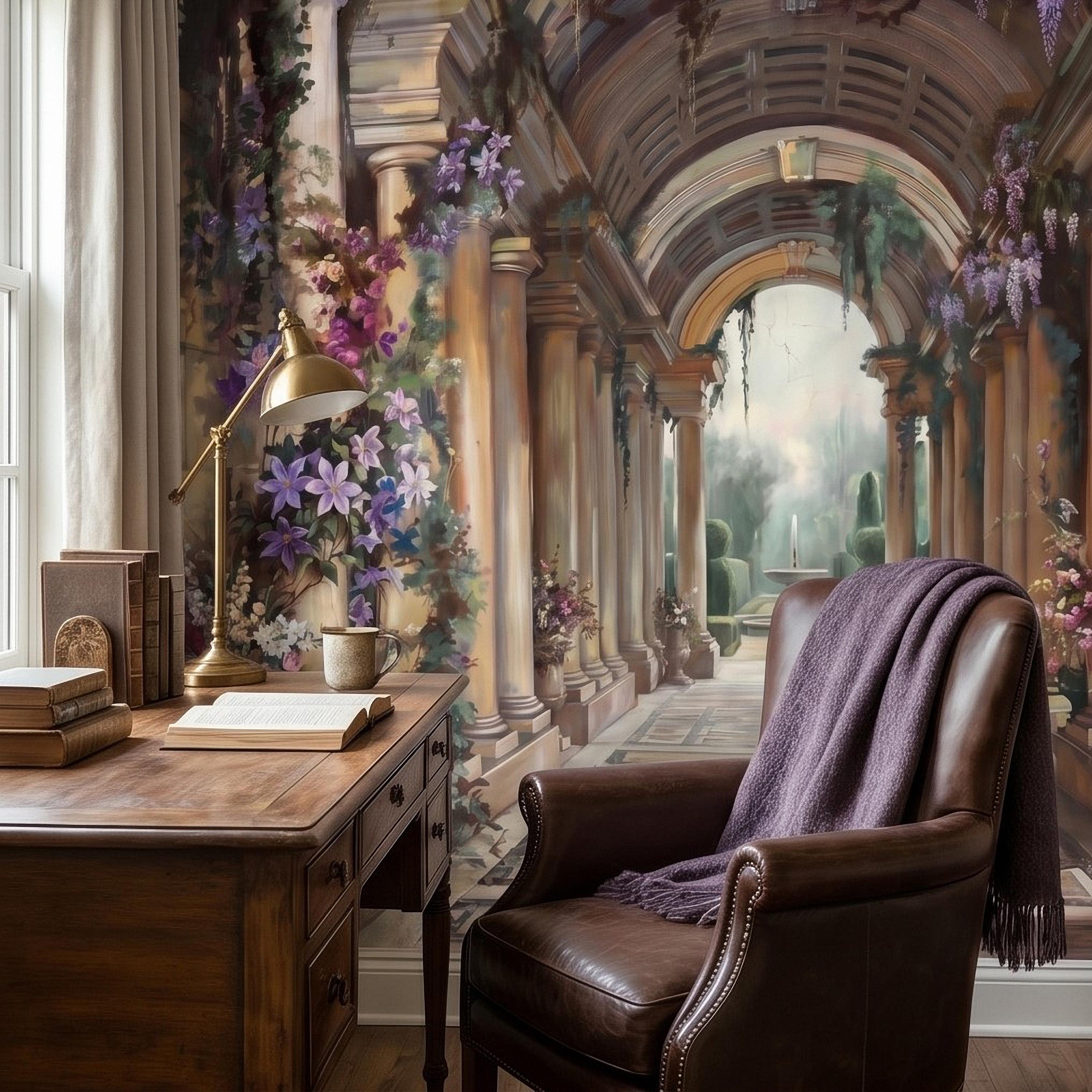 Romantic Garden Colonnade Peel and Stick Wall Mural, Vintage Wisteria Archway with Classical Statues, Fountain Floral Courtyard Wallpaper