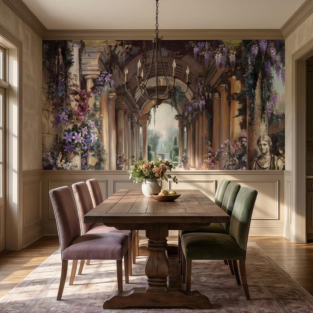 Romantic Garden Colonnade Peel and Stick Wall Mural, Vintage Wisteria Archway with Classical Statues, Fountain Floral Courtyard Wallpaper
