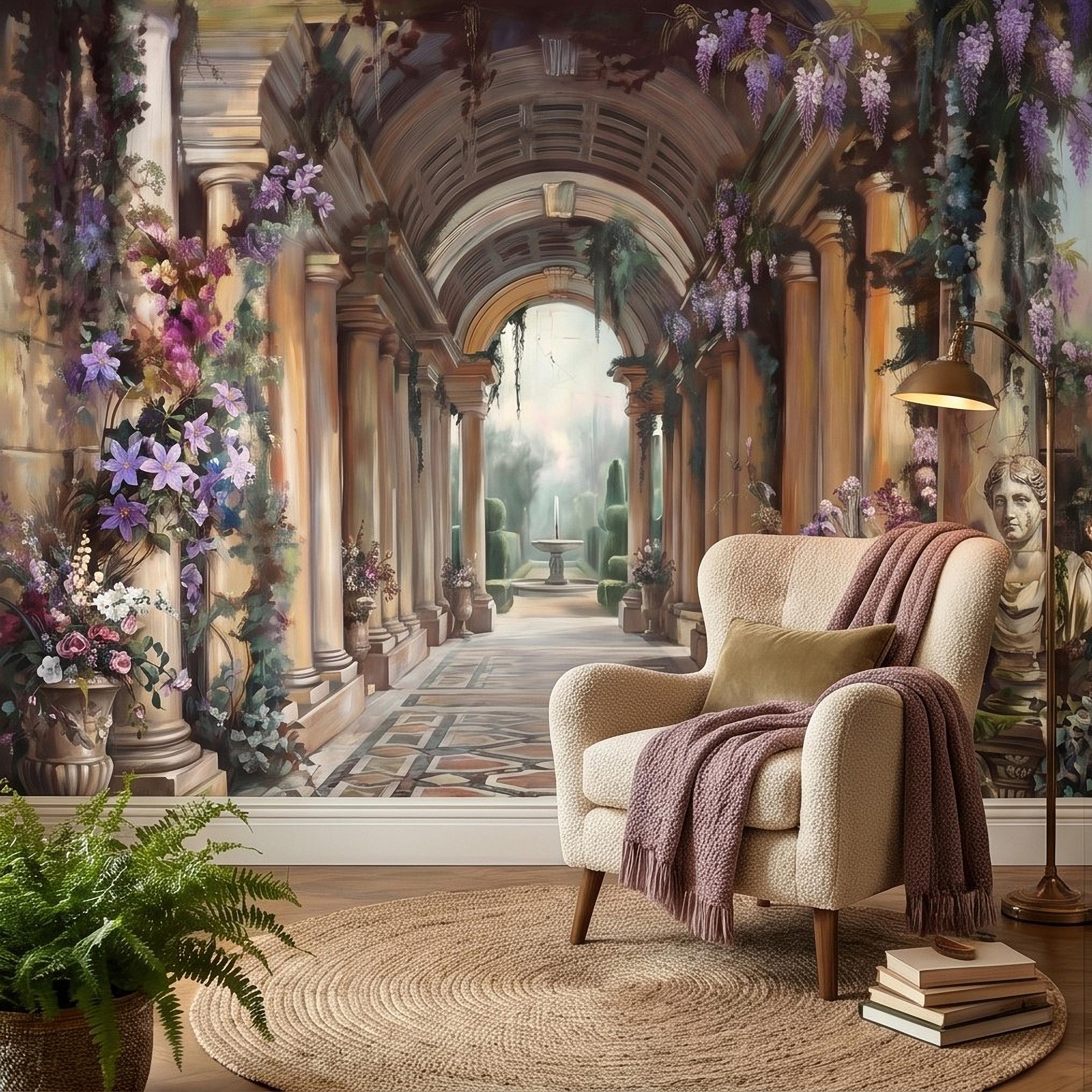 Romantic Garden Colonnade Peel and Stick Wall Mural, Vintage Wisteria Archway with Classical Statues, Fountain Floral Courtyard Wallpaper