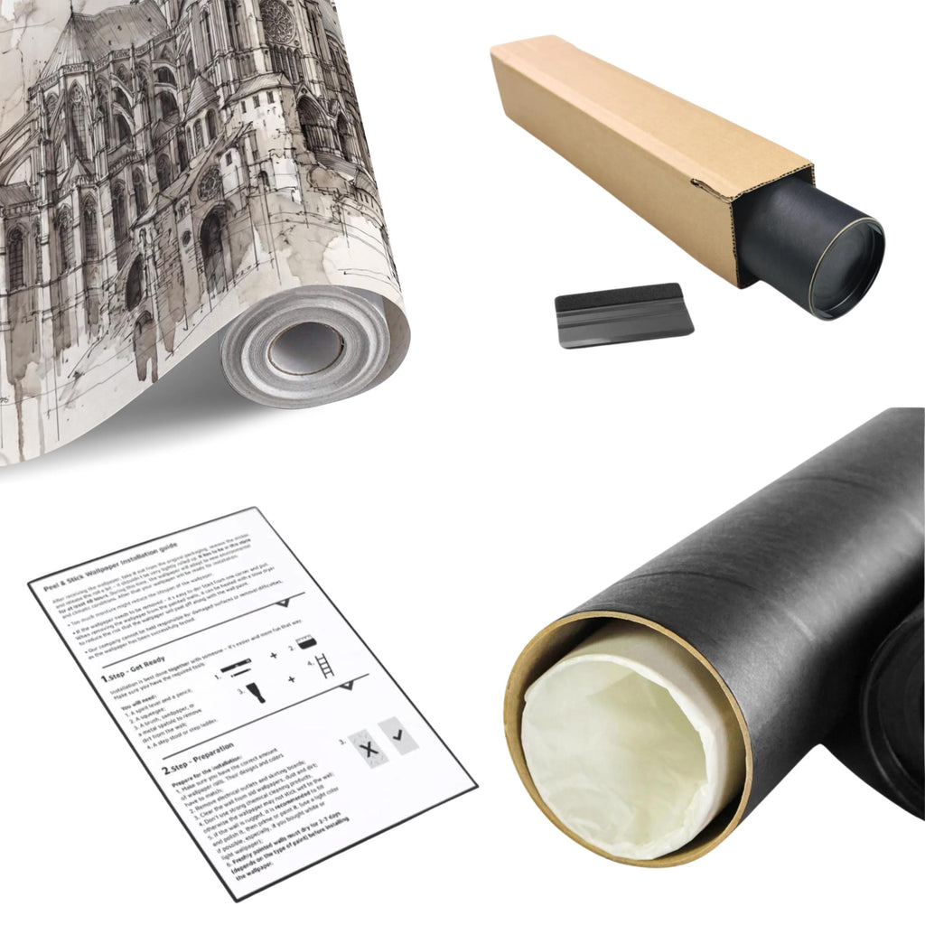 Gothic Cathedral Architectural Sketch Peel and Stick Wall Mural, Vintage Blueprint Ink Drawing with Measurements Monochrome Wallpaper