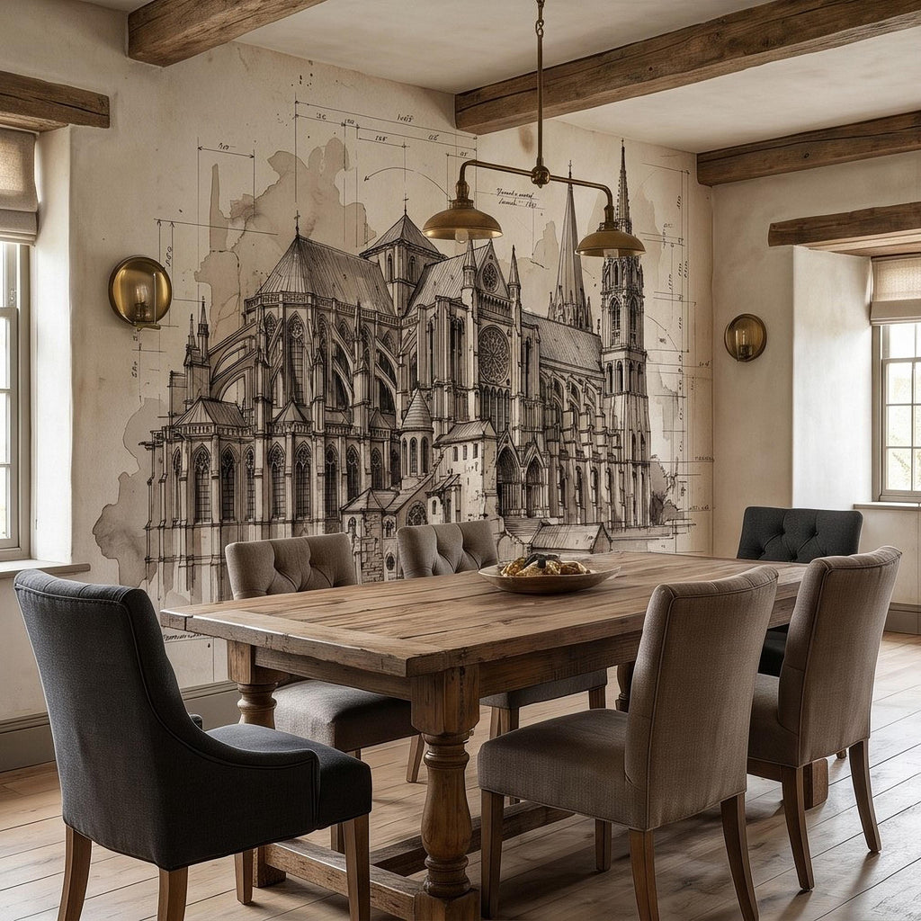 Gothic Cathedral Architectural Sketch Peel and Stick Wall Mural, Vintage Blueprint Ink Drawing with Measurements Monochrome Wallpaper