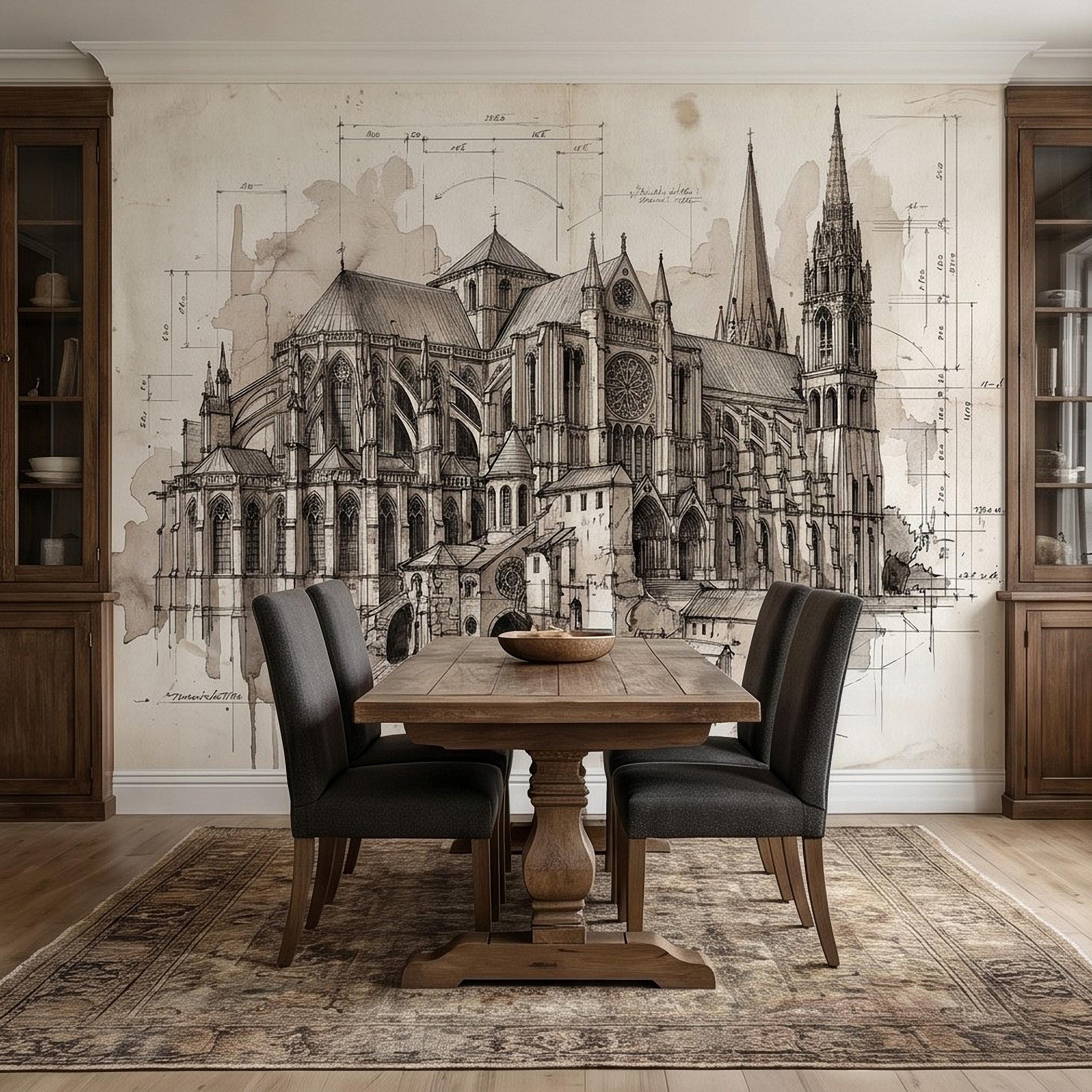 Gothic Cathedral Architectural Sketch Peel and Stick Wall Mural, Vintage Blueprint Ink Drawing with Measurements Monochrome Wallpaper