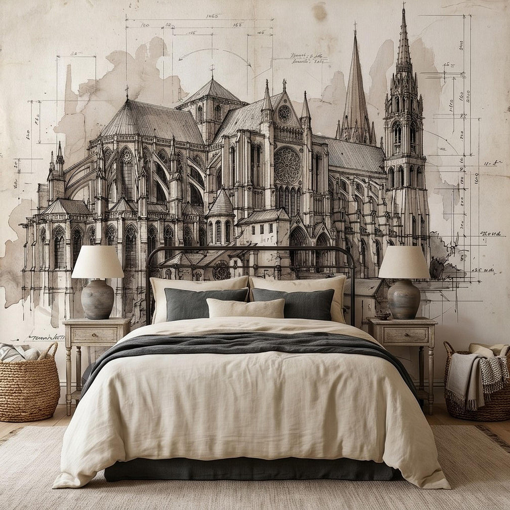 Gothic Cathedral Architectural Sketch Peel and Stick Wall Mural, Vintage Blueprint Ink Drawing with Measurements Monochrome Wallpaper