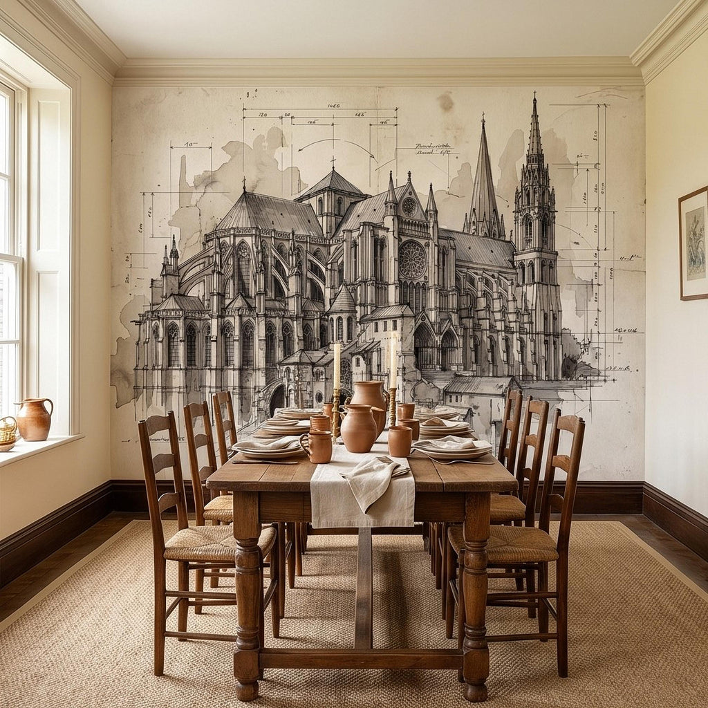 Gothic Cathedral Architectural Sketch Peel and Stick Wall Mural, Vintage Blueprint Ink Drawing with Measurements Monochrome Wallpaper