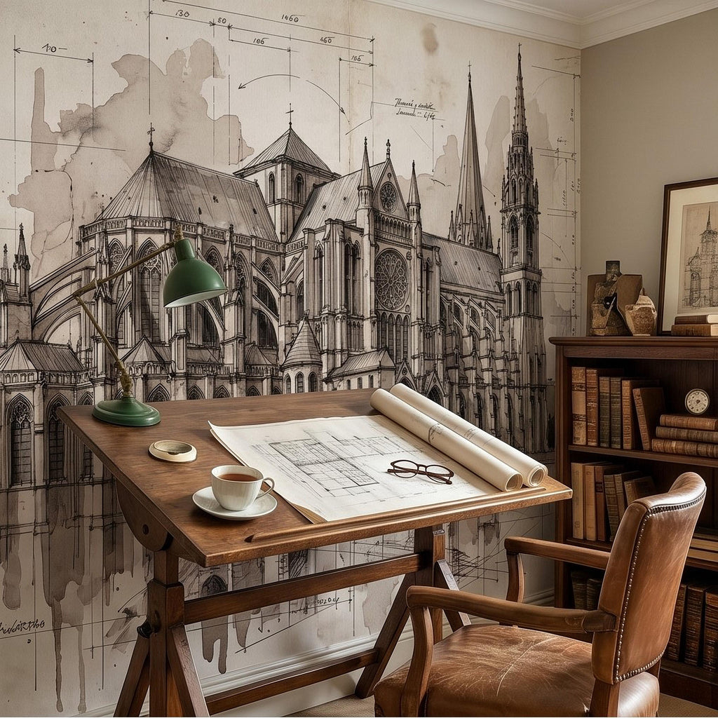 Gothic Cathedral Architectural Sketch Peel and Stick Wall Mural, Vintage Blueprint Ink Drawing with Measurements Monochrome Wallpaper