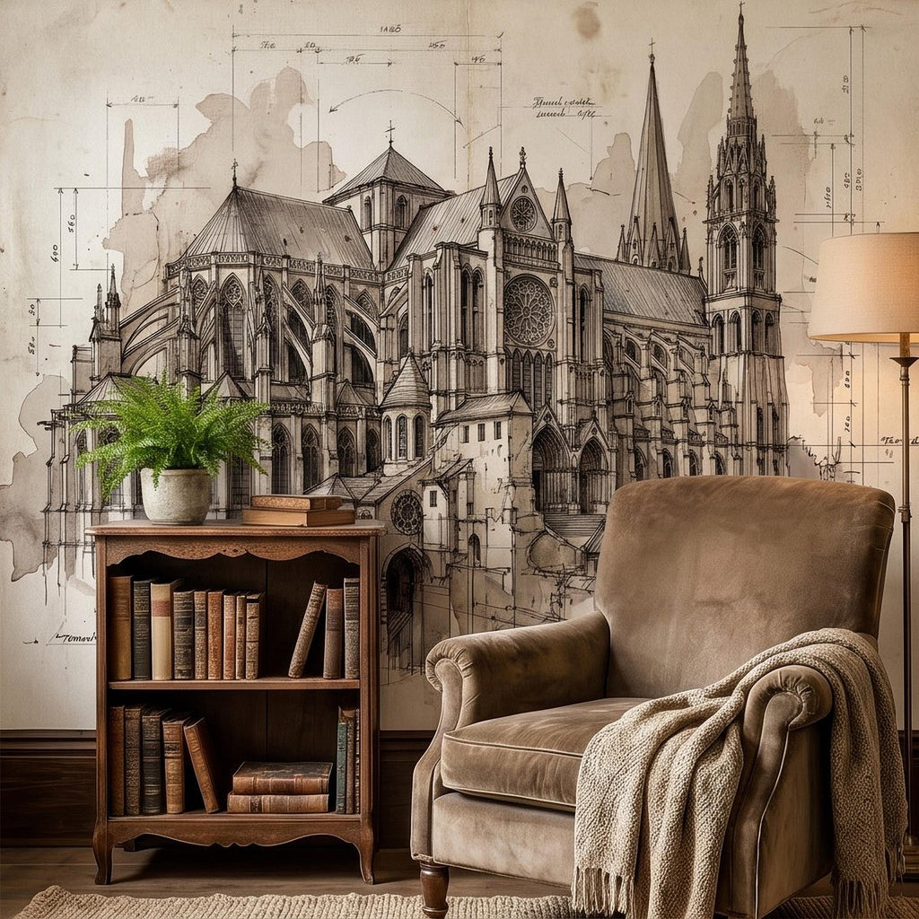 Gothic Cathedral Architectural Sketch Peel and Stick Wall Mural, Vintage Blueprint Ink Drawing with Measurements Monochrome Wallpaper