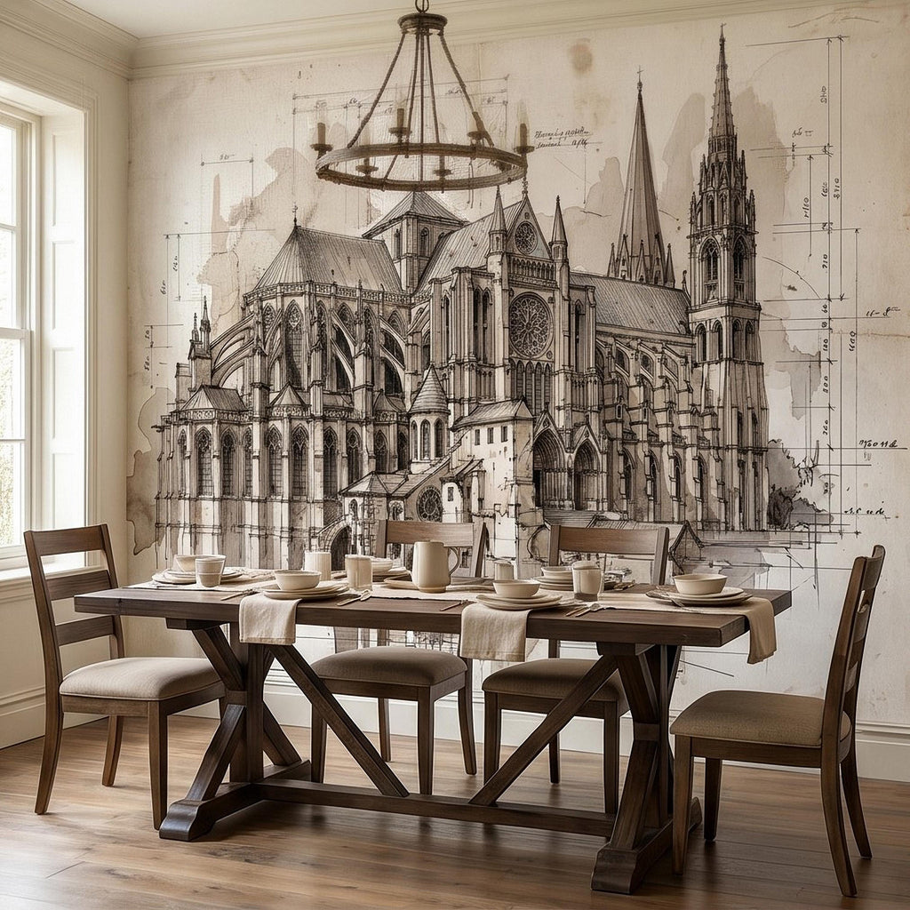 Gothic Cathedral Architectural Sketch Peel and Stick Wall Mural, Vintage Blueprint Ink Drawing with Measurements Monochrome Wallpaper