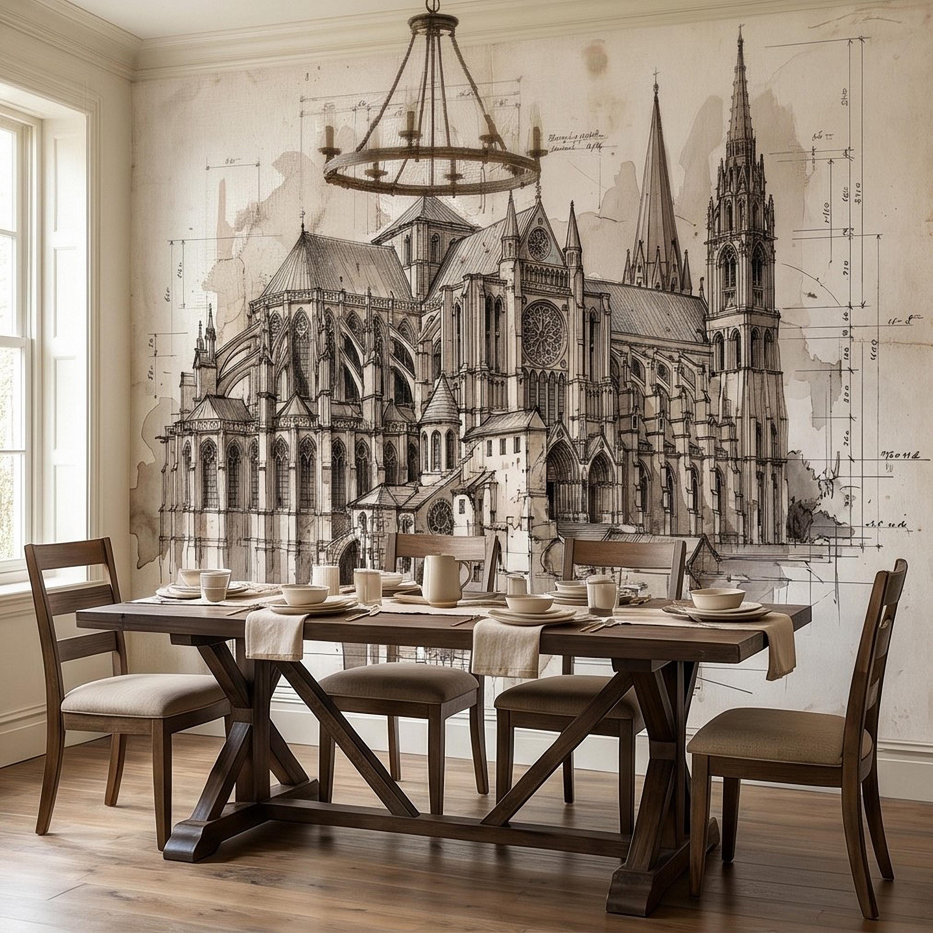 Gothic Cathedral Architectural Sketch Peel and Stick Wall Mural, Vintage Blueprint Ink Drawing with Measurements Monochrome Wallpaper
