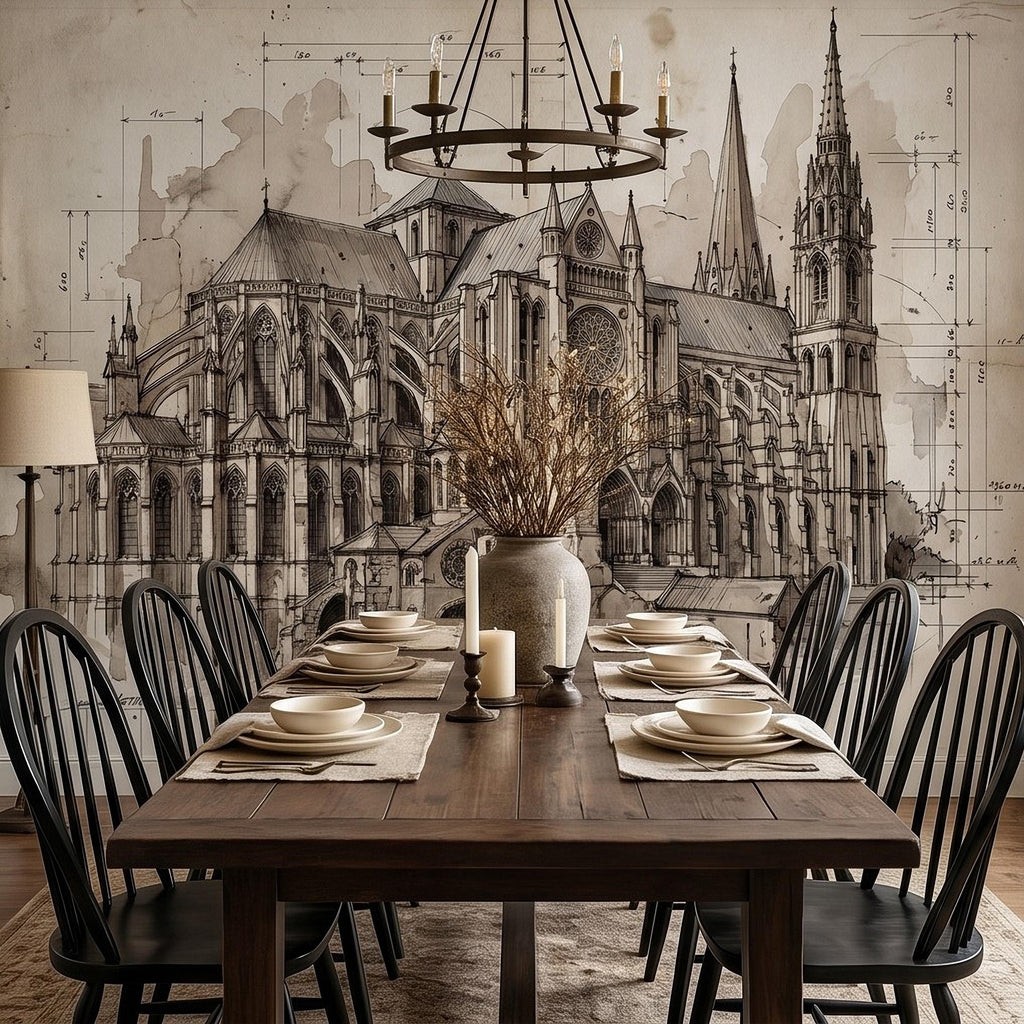 Gothic Cathedral Architectural Sketch Peel and Stick Wall Mural, Vintage Blueprint Ink Drawing with Measurements Monochrome Wallpaper