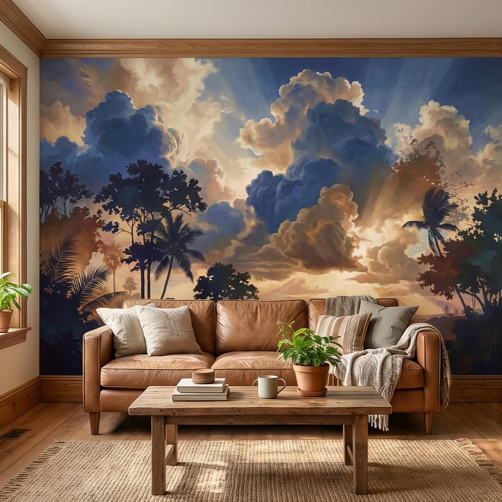 Tropical Golden Hour Sunset Jungle Peel and Stick Wall Mural, Palm Tree Silhouette, Dramatic Clouds Sun Rays, River Landscape Sky Wallpaper