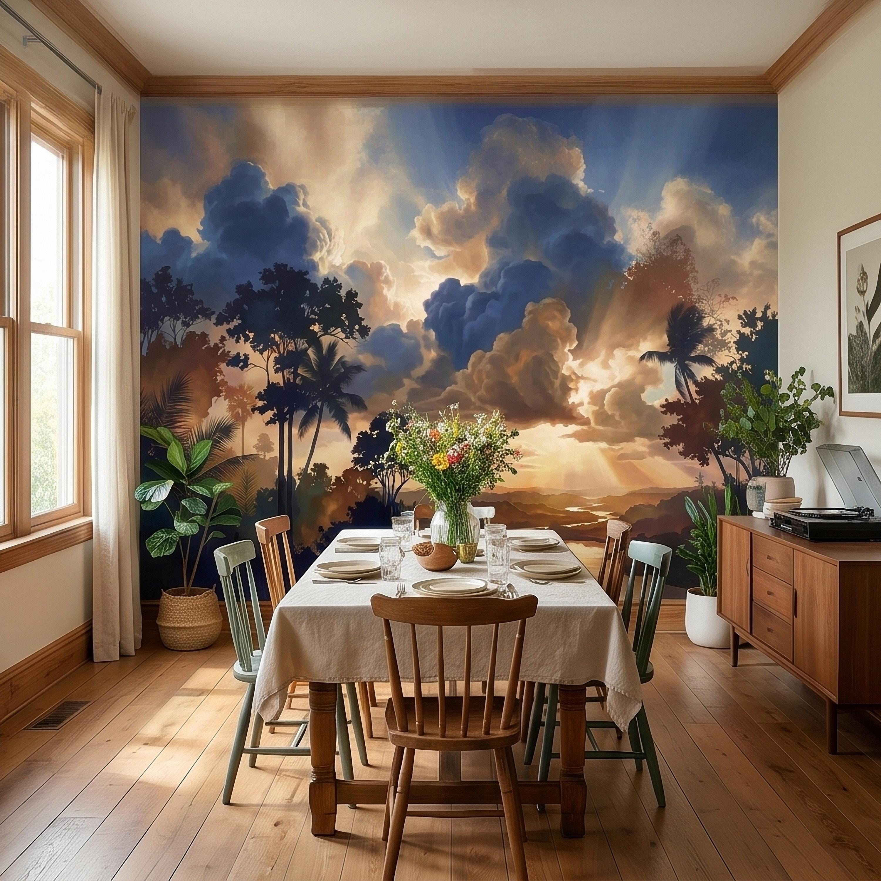 Tropical Golden Hour Sunset Jungle Peel and Stick Wall Mural, Palm Tree Silhouette, Dramatic Clouds Sun Rays, River Landscape Sky Wallpaper