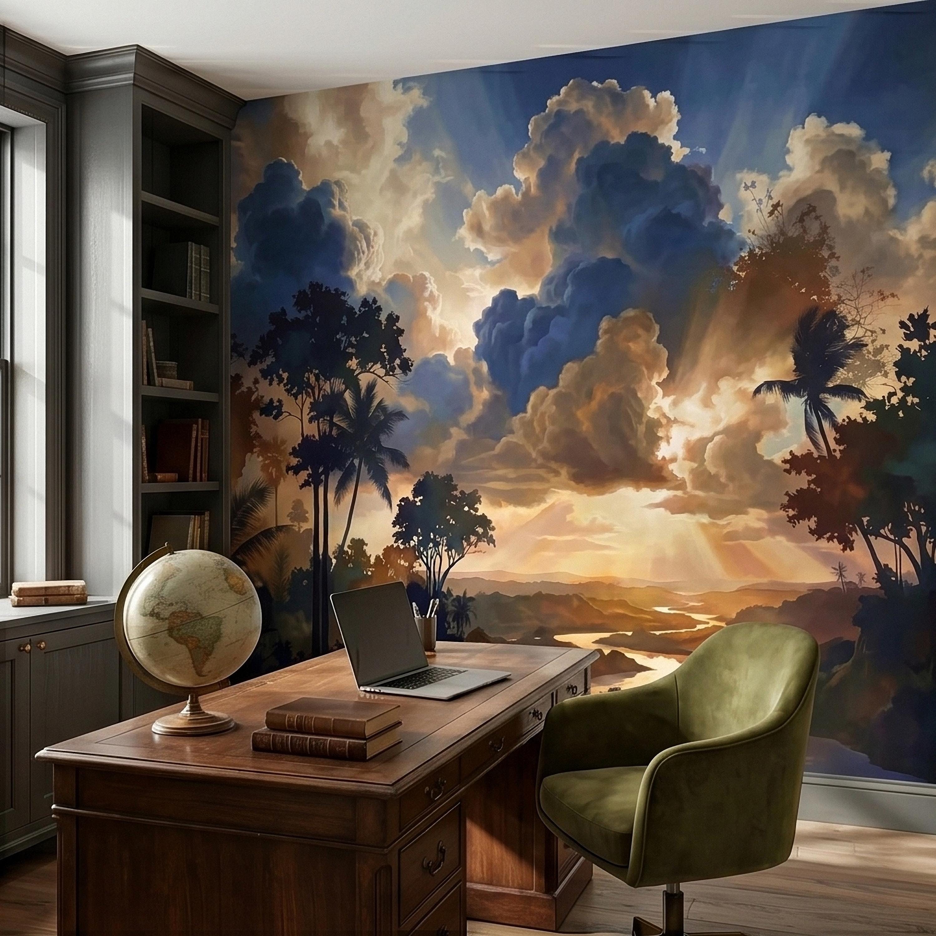Tropical Golden Hour Sunset Jungle Peel and Stick Wall Mural, Palm Tree Silhouette, Dramatic Clouds Sun Rays, River Landscape Sky Wallpaper