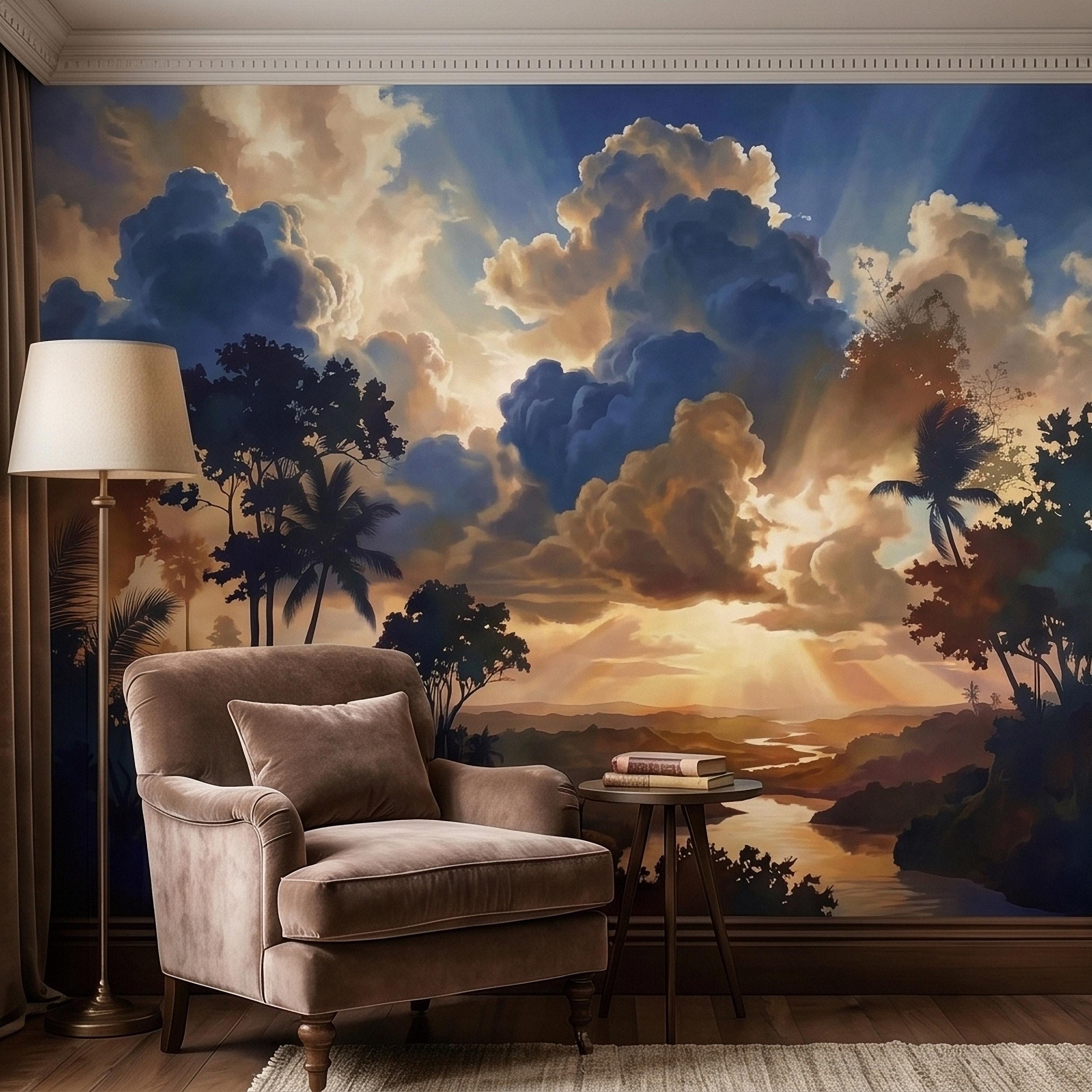 Tropical Golden Hour Sunset Jungle Peel and Stick Wall Mural, Palm Tree Silhouette, Dramatic Clouds Sun Rays, River Landscape Sky Wallpaper