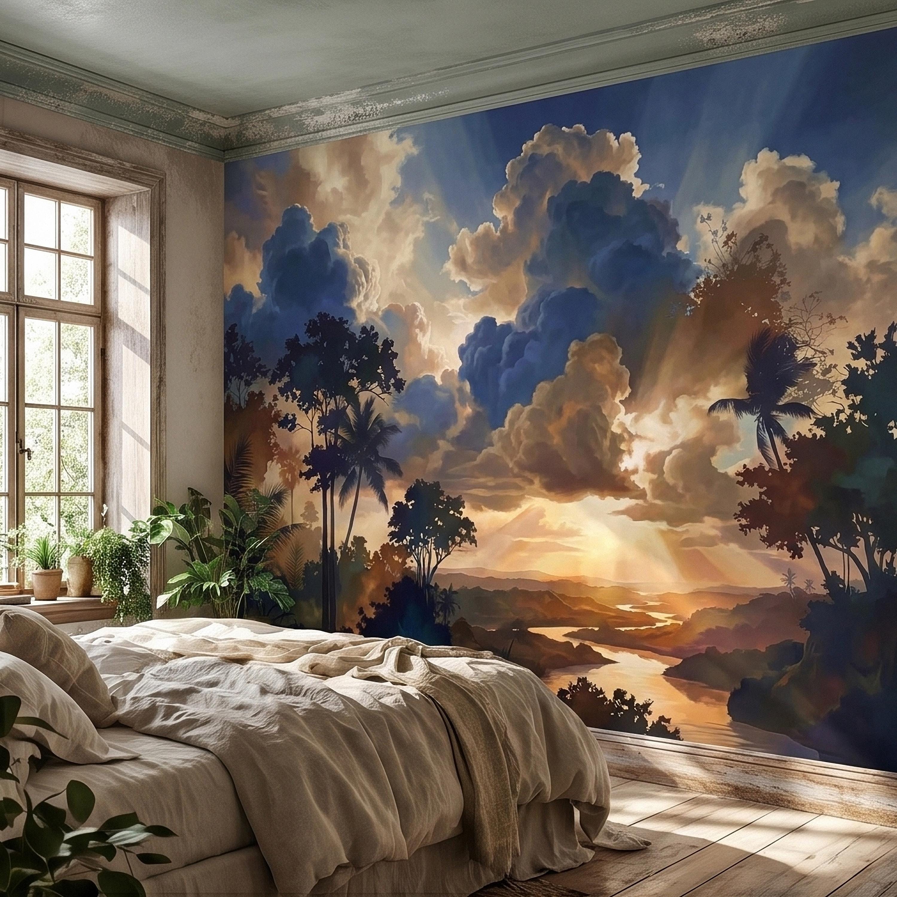 Tropical Golden Hour Sunset Jungle Peel and Stick Wall Mural, Palm Tree Silhouette, Dramatic Clouds Sun Rays, River Landscape Sky Wallpaper