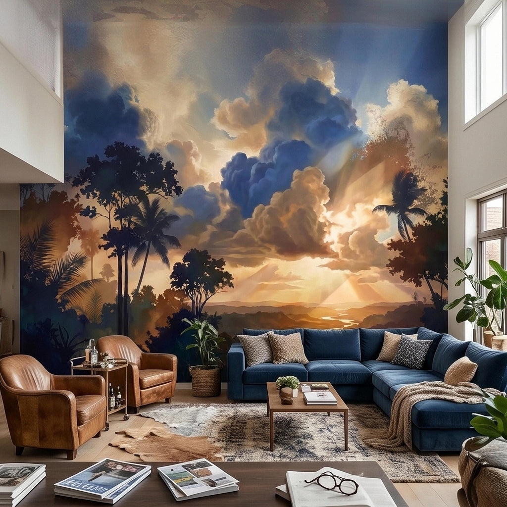 Tropical Golden Hour Sunset Jungle Peel and Stick Wall Mural, Palm Tree Silhouette, Dramatic Clouds Sun Rays, River Landscape Sky Wallpaper