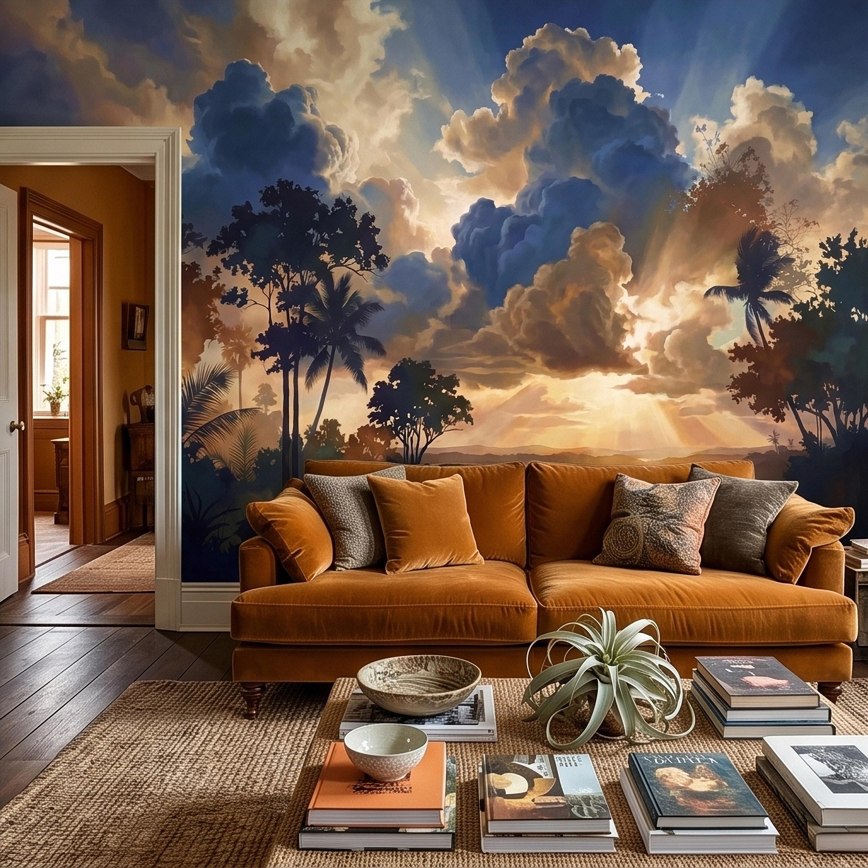 Tropical Golden Hour Sunset Jungle Peel and Stick Wall Mural, Palm Tree Silhouette, Dramatic Clouds Sun Rays, River Landscape Sky Wallpaper