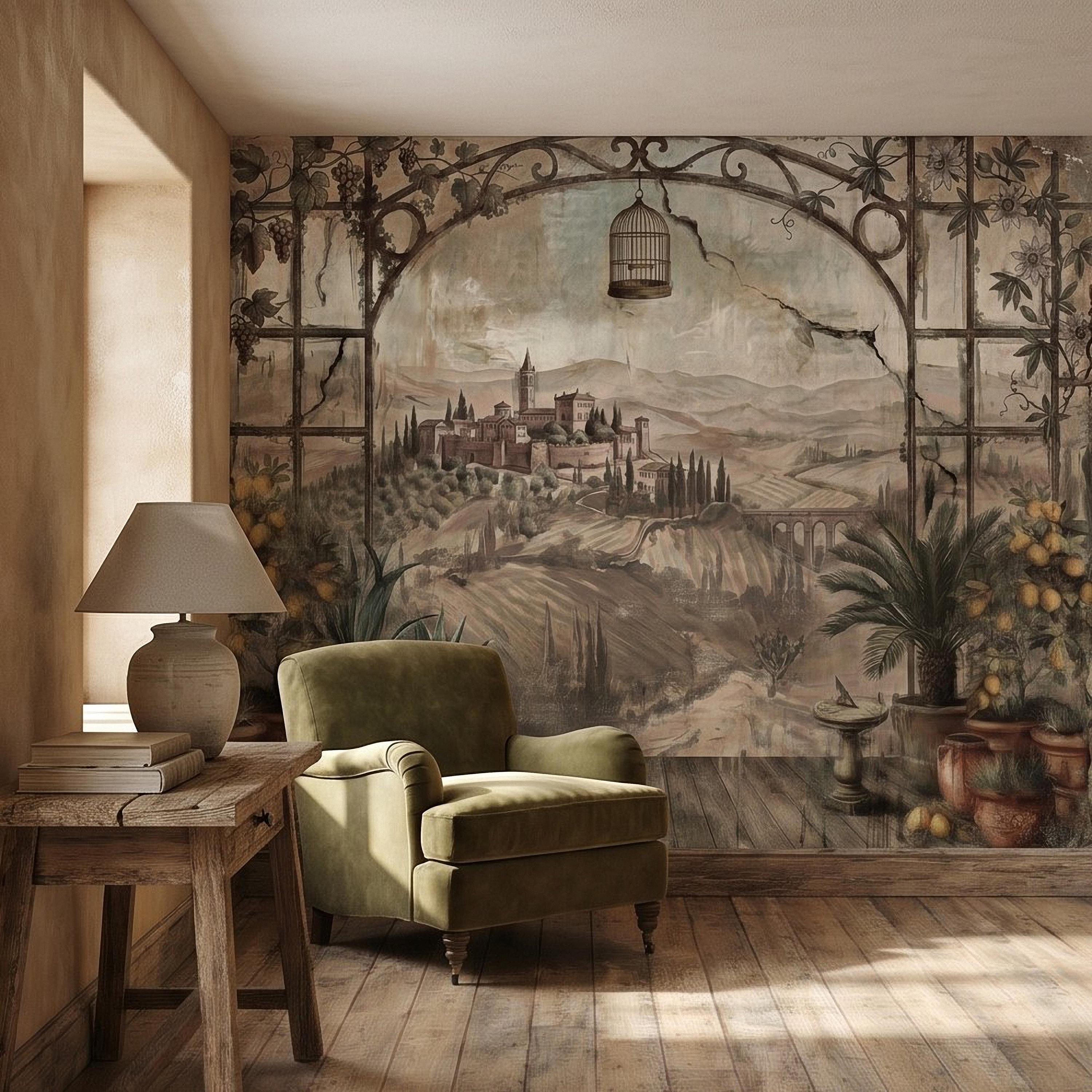 Tuscan Lemon Grove Terrace Peel and Stick Wall Mural, Vintage Italian Country Window View, Grapevine Arbor, Rustic Villa Landscape Wallpaper