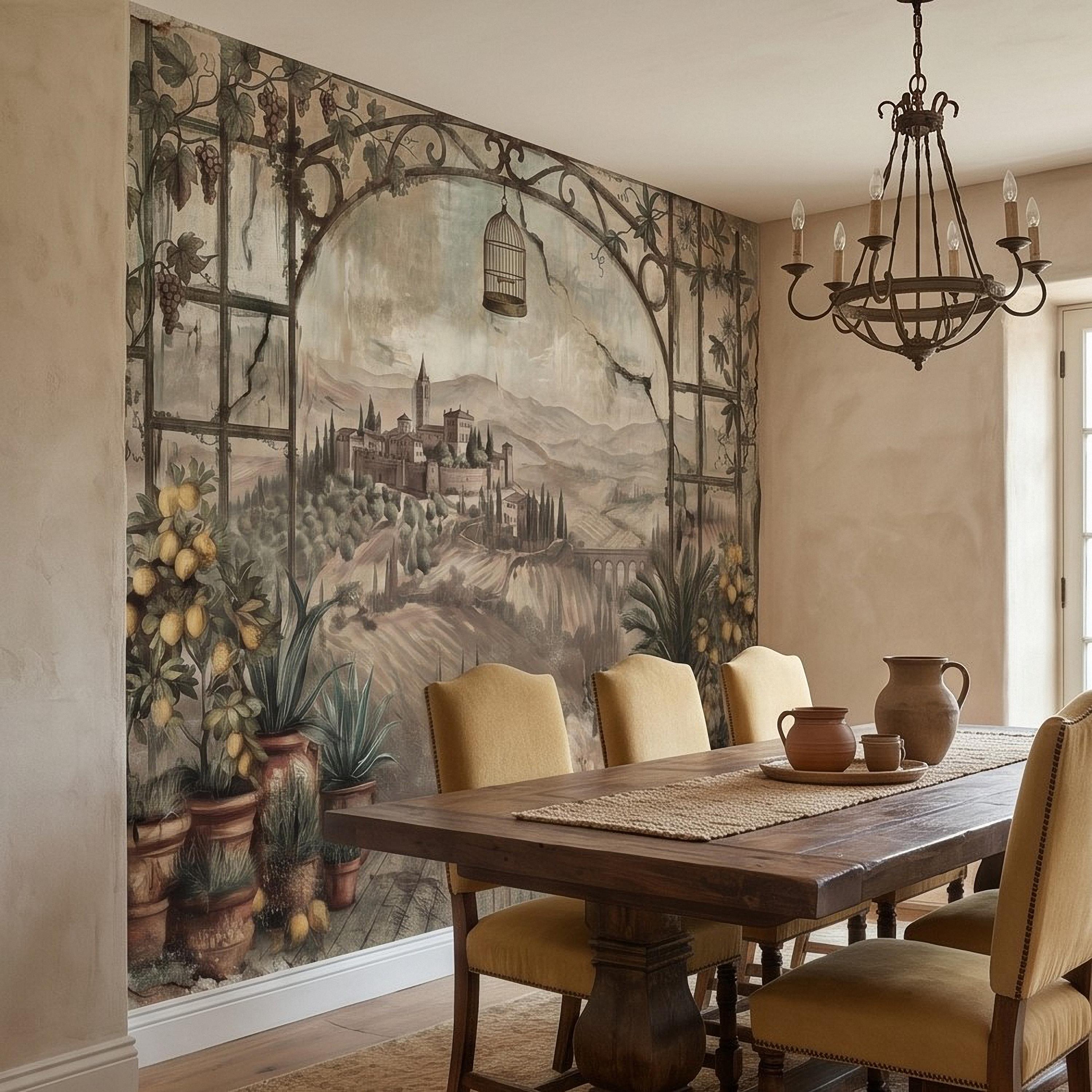 Tuscan Lemon Grove Terrace Peel and Stick Wall Mural, Vintage Italian Country Window View, Grapevine Arbor, Rustic Villa Landscape Wallpaper