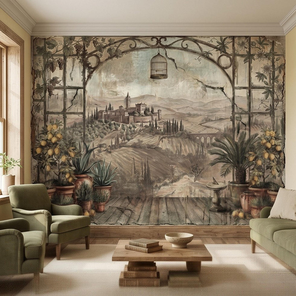 Tuscan Lemon Grove Terrace Peel and Stick Wall Mural, Vintage Italian Country Window View, Grapevine Arbor, Rustic Villa Landscape Wallpaper