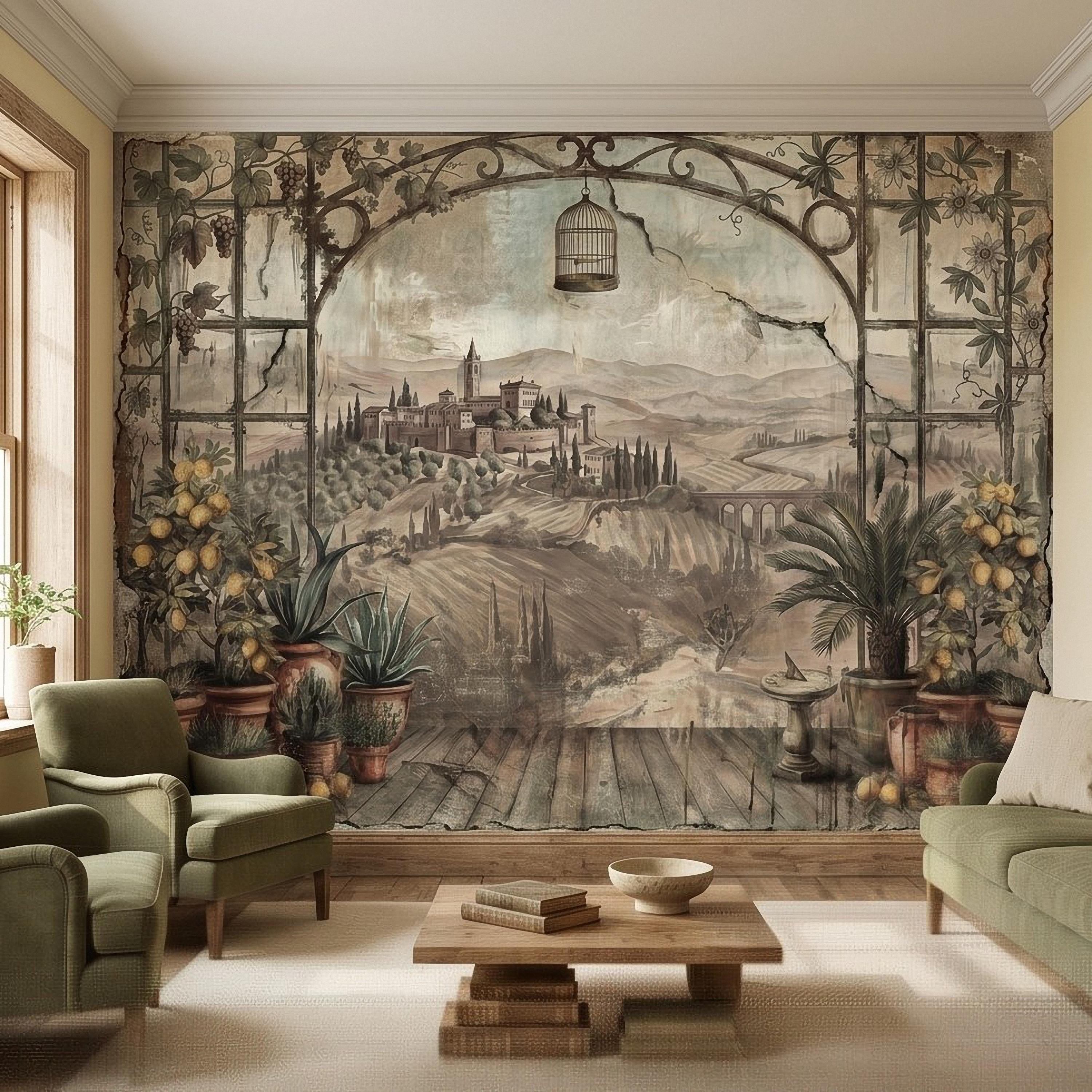 Tuscan Lemon Grove Terrace Peel and Stick Wall Mural, Vintage Italian Country Window View, Grapevine Arbor, Rustic Villa Landscape Wallpaper