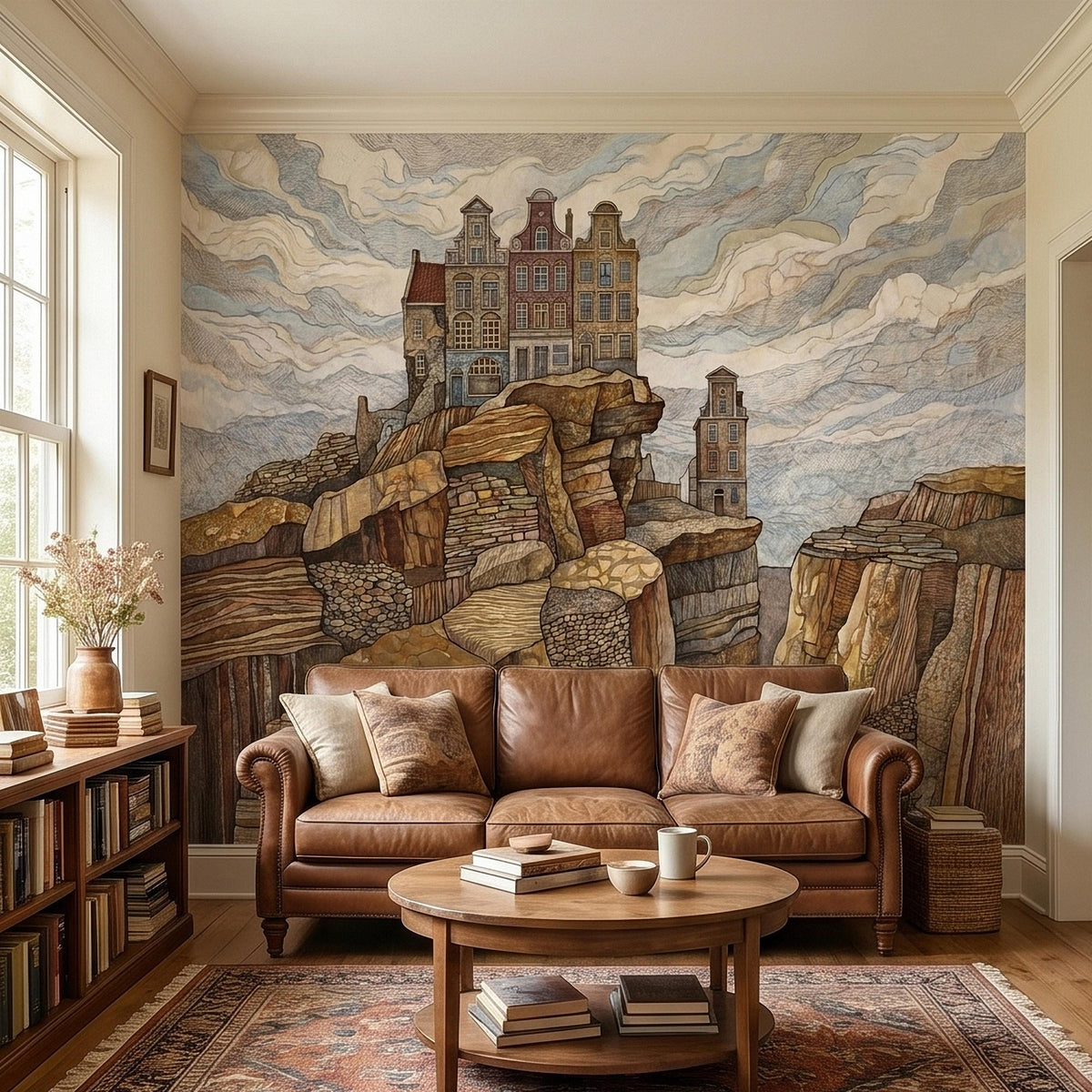 Watercolor wall mural of seaside town houses on rocky coast with cloudy sky