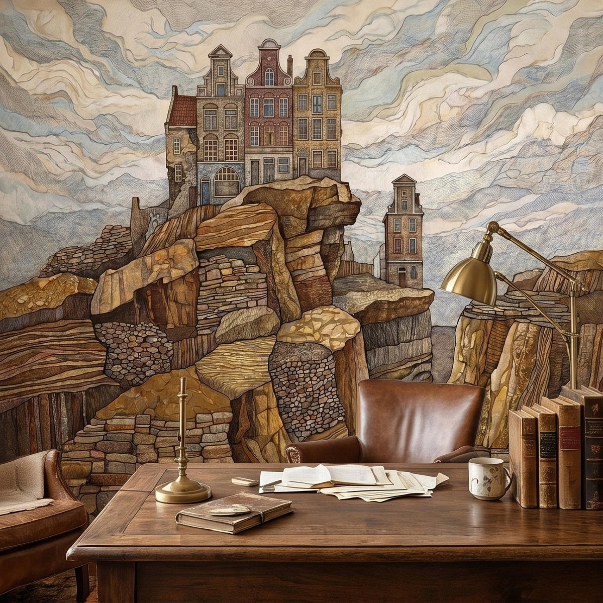 Watercolor wall mural with red brick manor and stone cliffs on a coastal backdrop